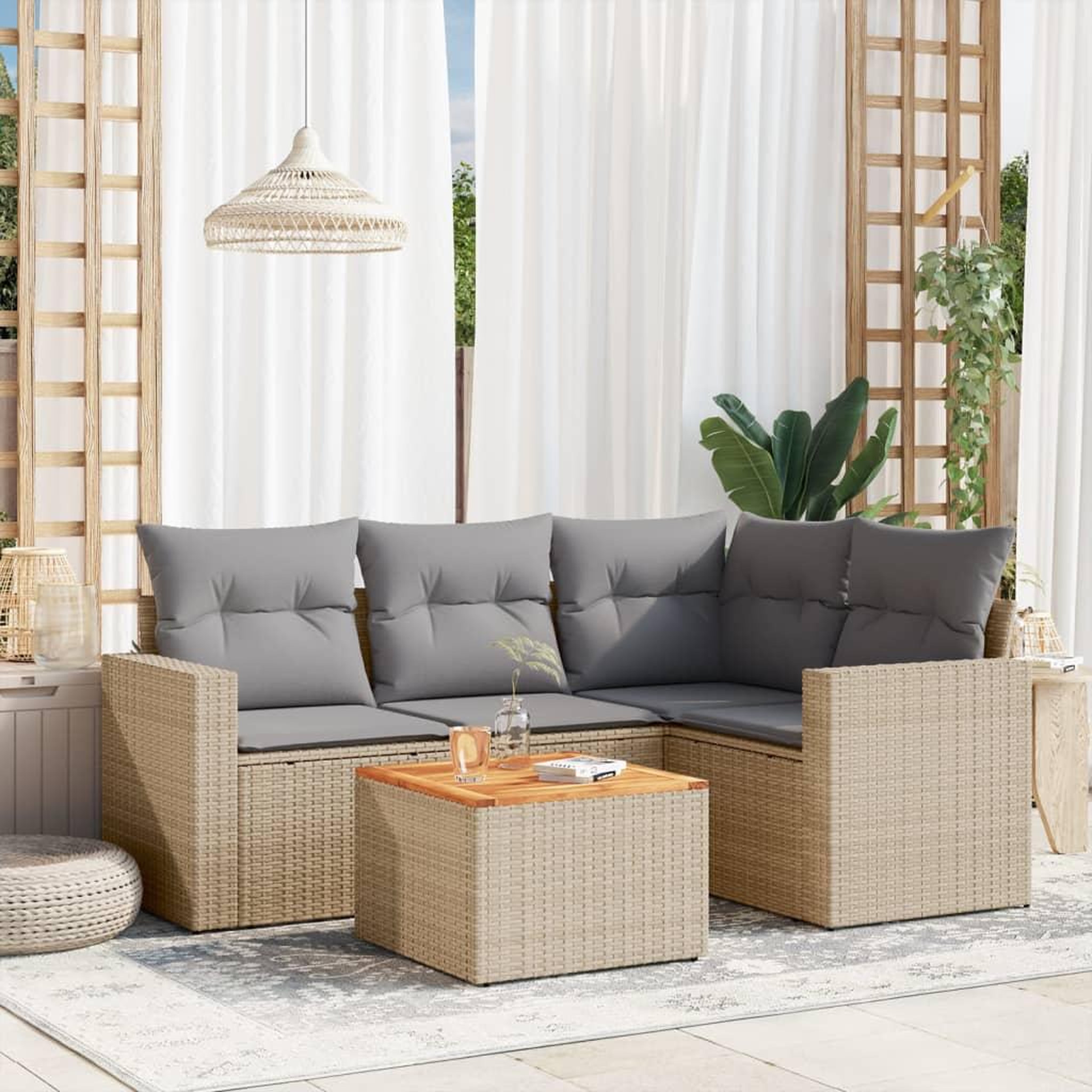 VIDAXL Salon de jardin avec coussins 5pcs melange beige resine tressee