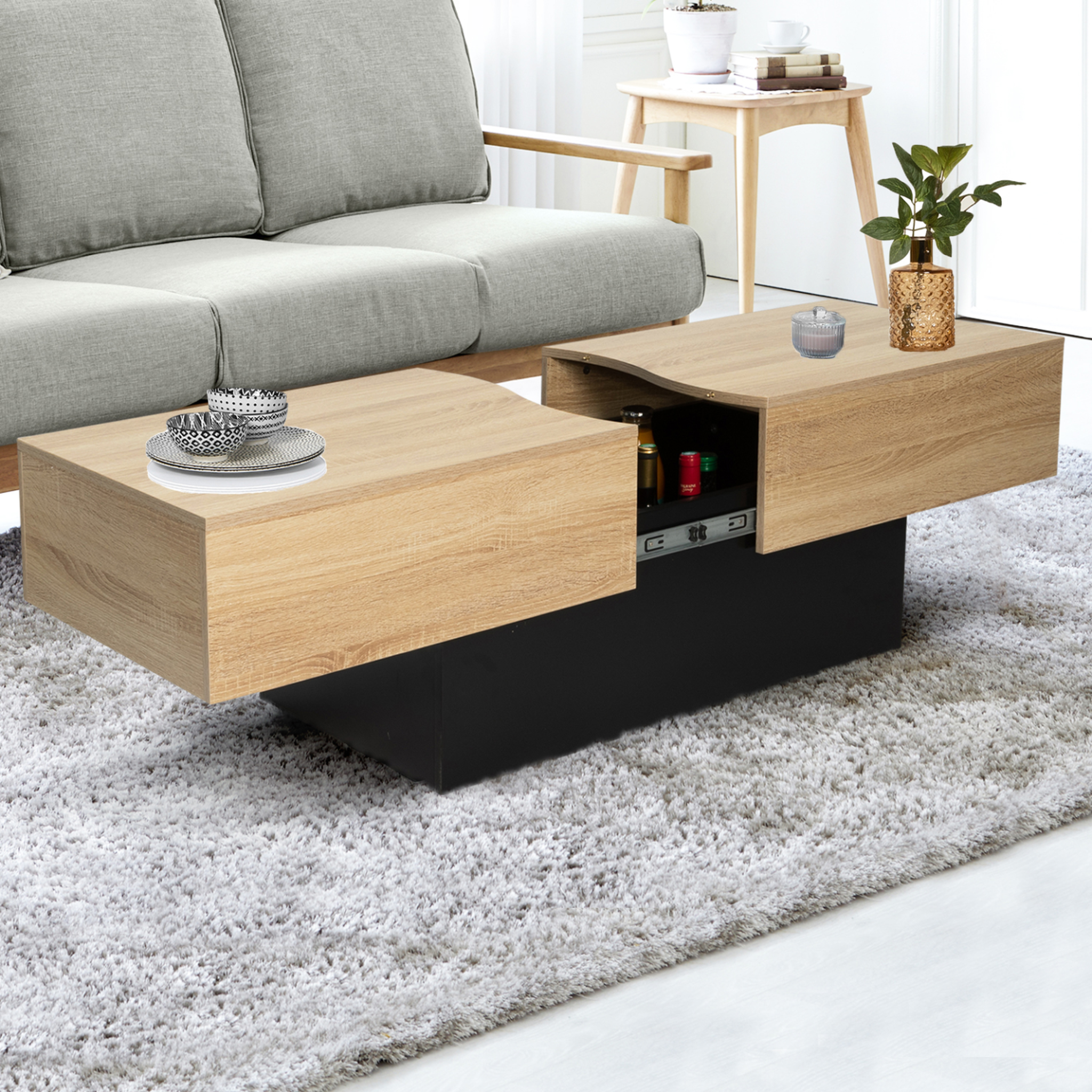 Voir la diapositive 2 : ID MARKET Table basse coulissante rectangulaire marta bois noir et imitation hêtre