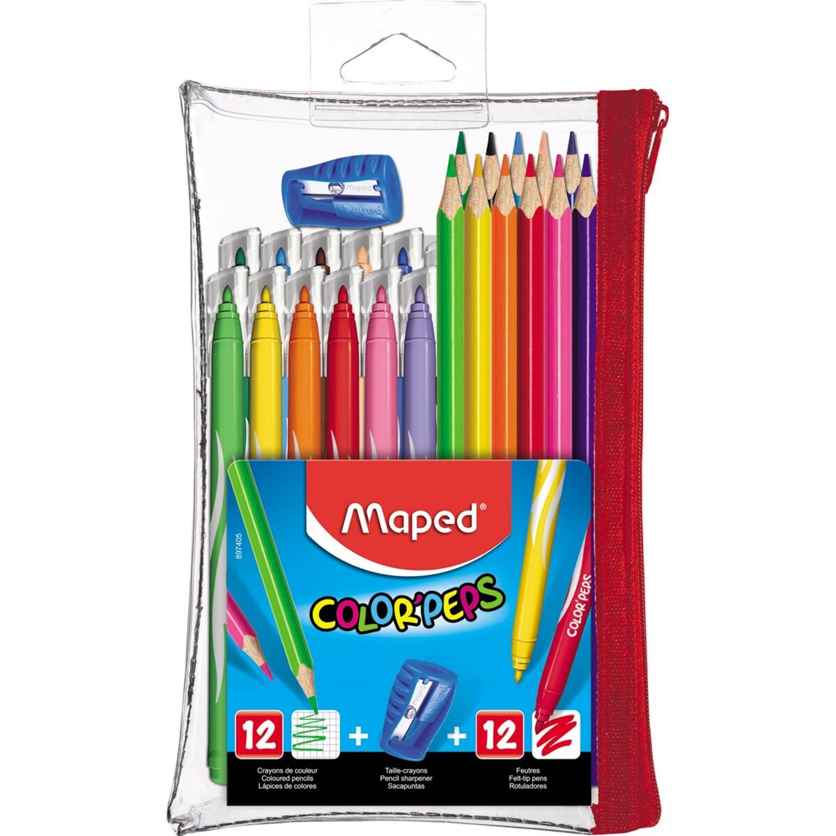 MAPED  Kit de coloriage trousse + 12 feutres + 12 crayons de couleurs + 1 taille-crayon Color'Peps