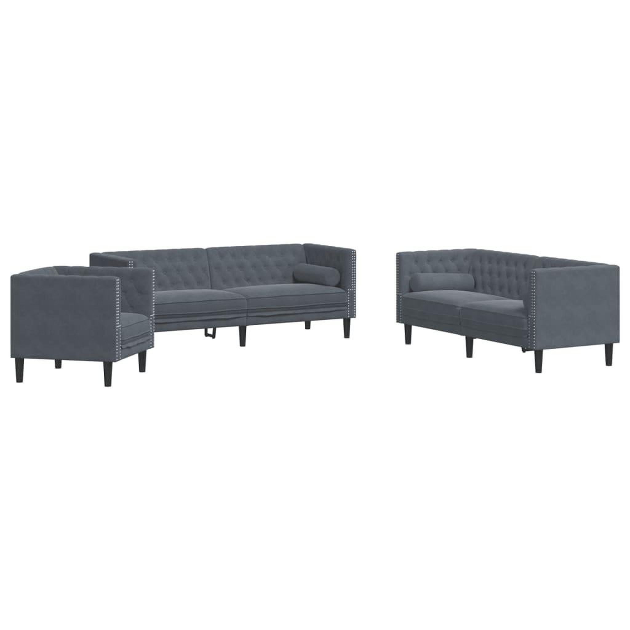 Voir la diapositive 2 : VIDAXL Ensemble de canape Chesterfield et traversins 3 pcs gris fonce