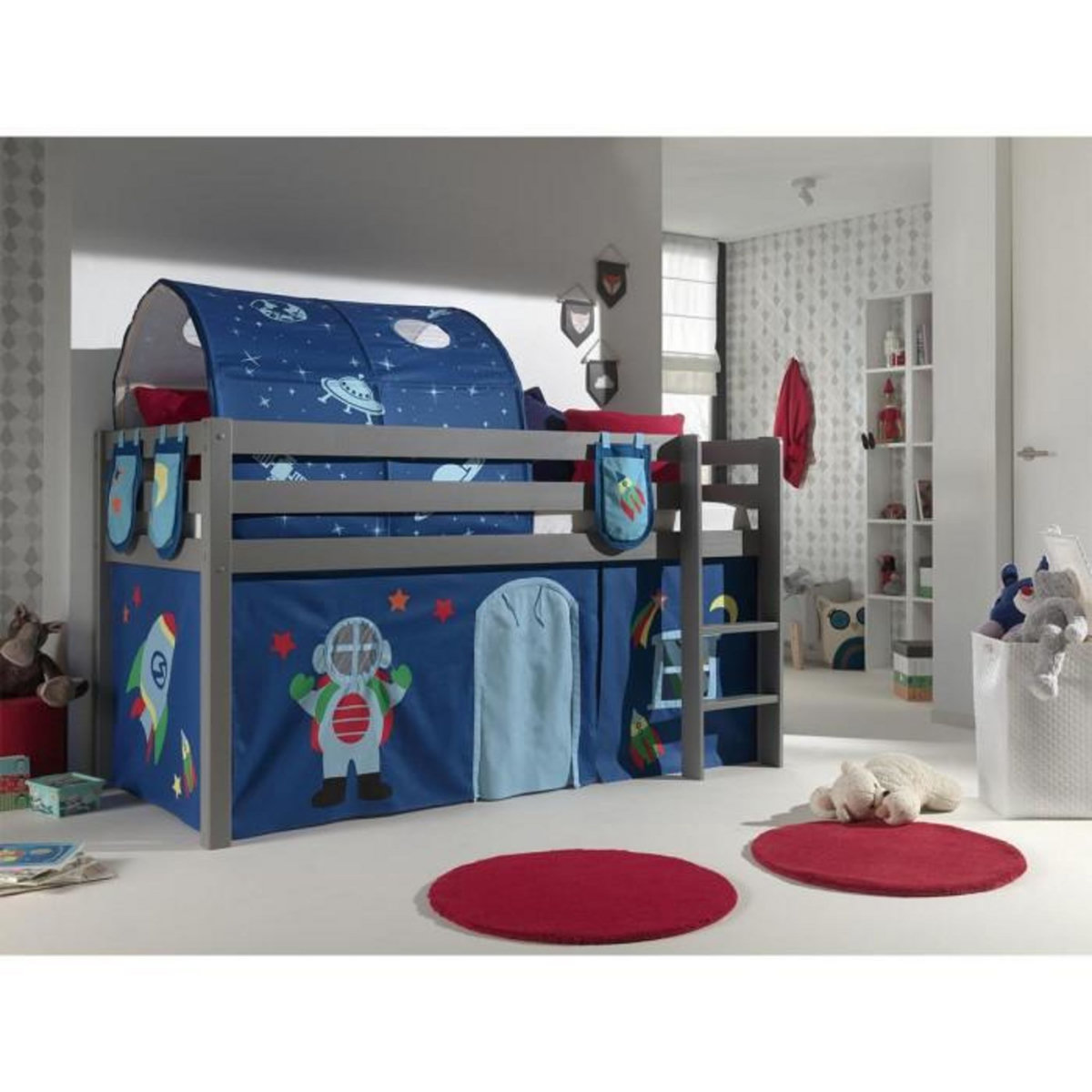 Paris Prix Pack - Lit Enfant Surélevé, Tente, 3 Pochettes & Tunnel  Pino Astronaute II  Gris