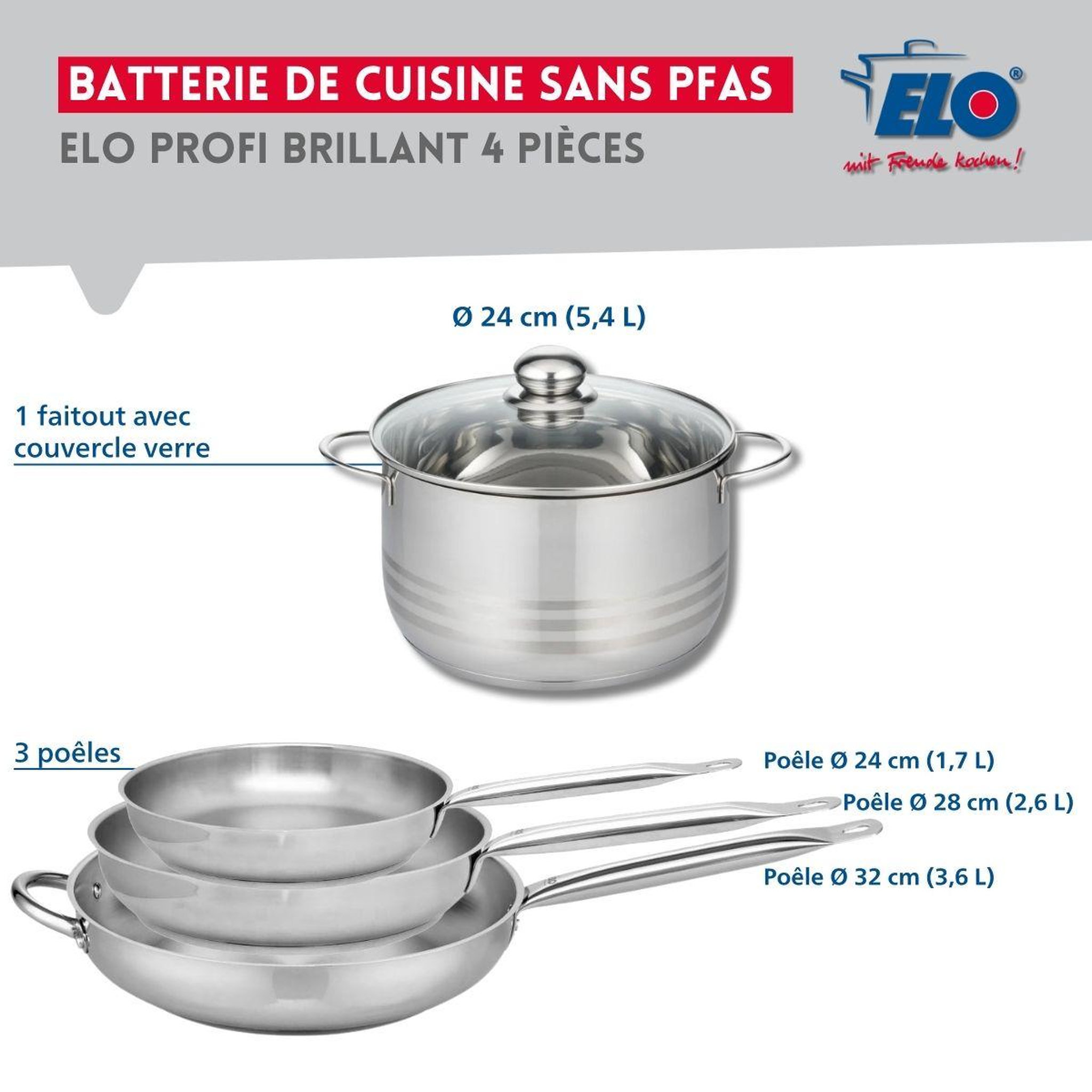 Voir la diapositive 2 : ELO Ensemble de 3 poêles de cuisson 24, 28 et 32 cm et 1 faitout 24 cm elo profi brillant