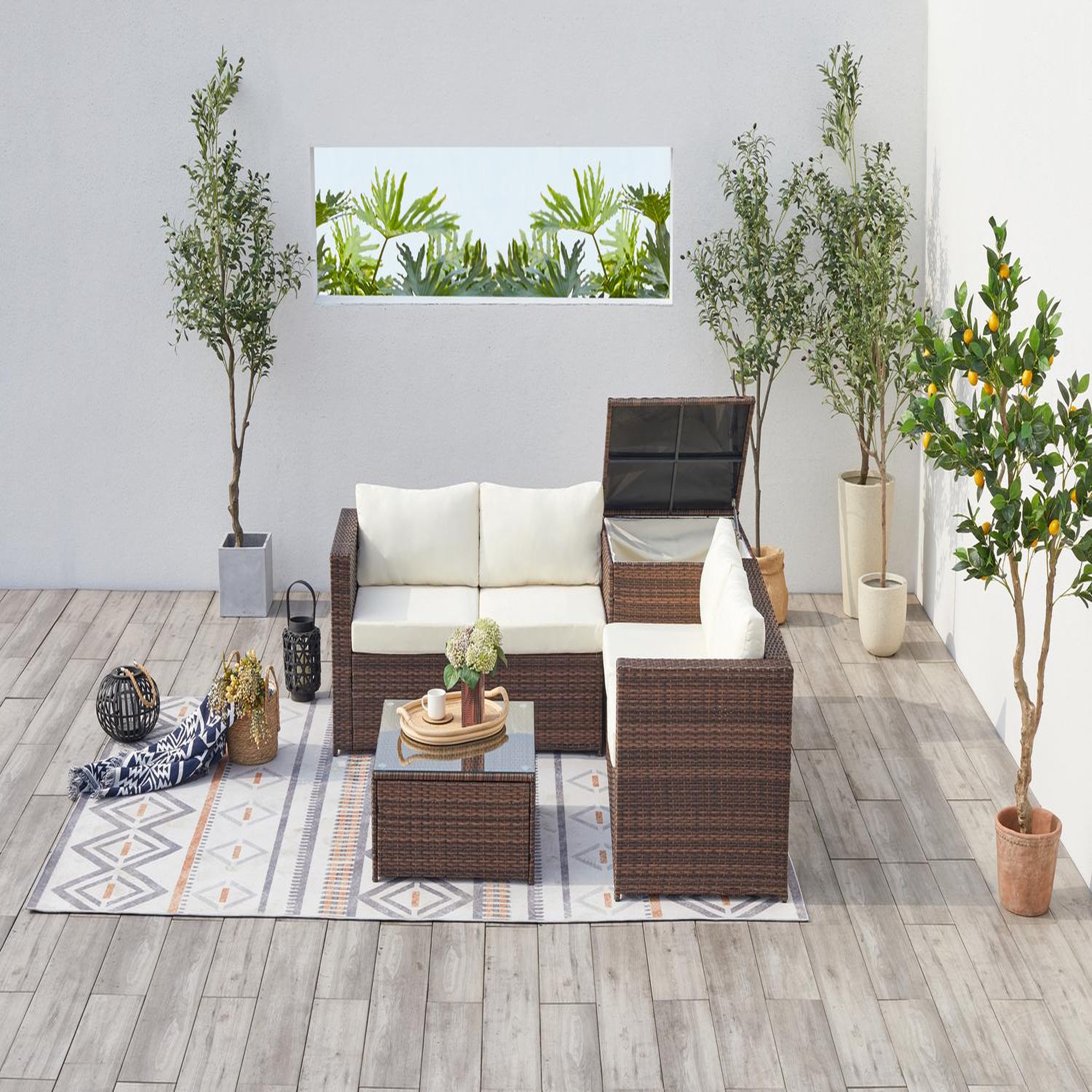 Voir la diapositive 3 : CONCEPT USINE Salon de jardin en résine tressée 4 places avec coffre intégré marron et blanc silang