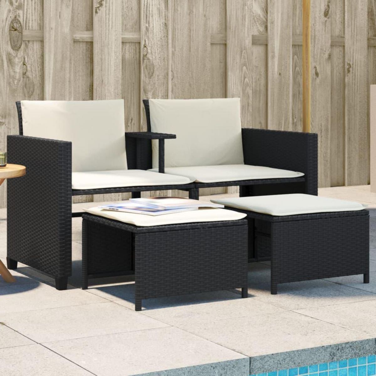 VIDAXL Canape de jardin 2 places avec table et tabourets noir rotin
