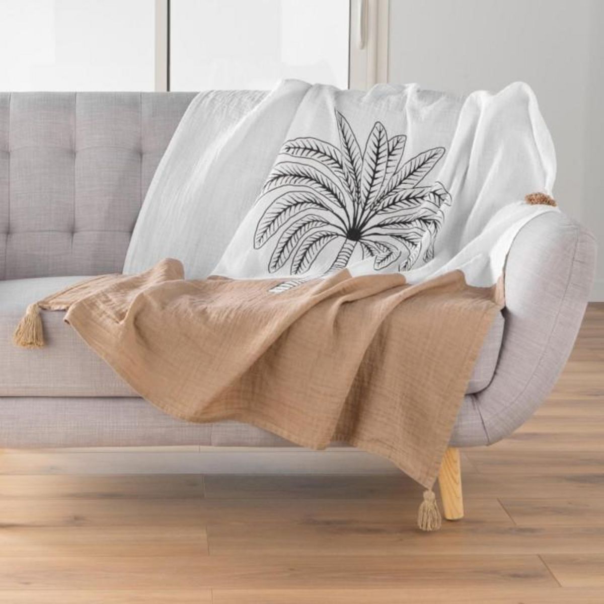 Paris Prix Plaid Imprimé en Gaze de Coton  Oasia  125x150cm Blanc & Camel