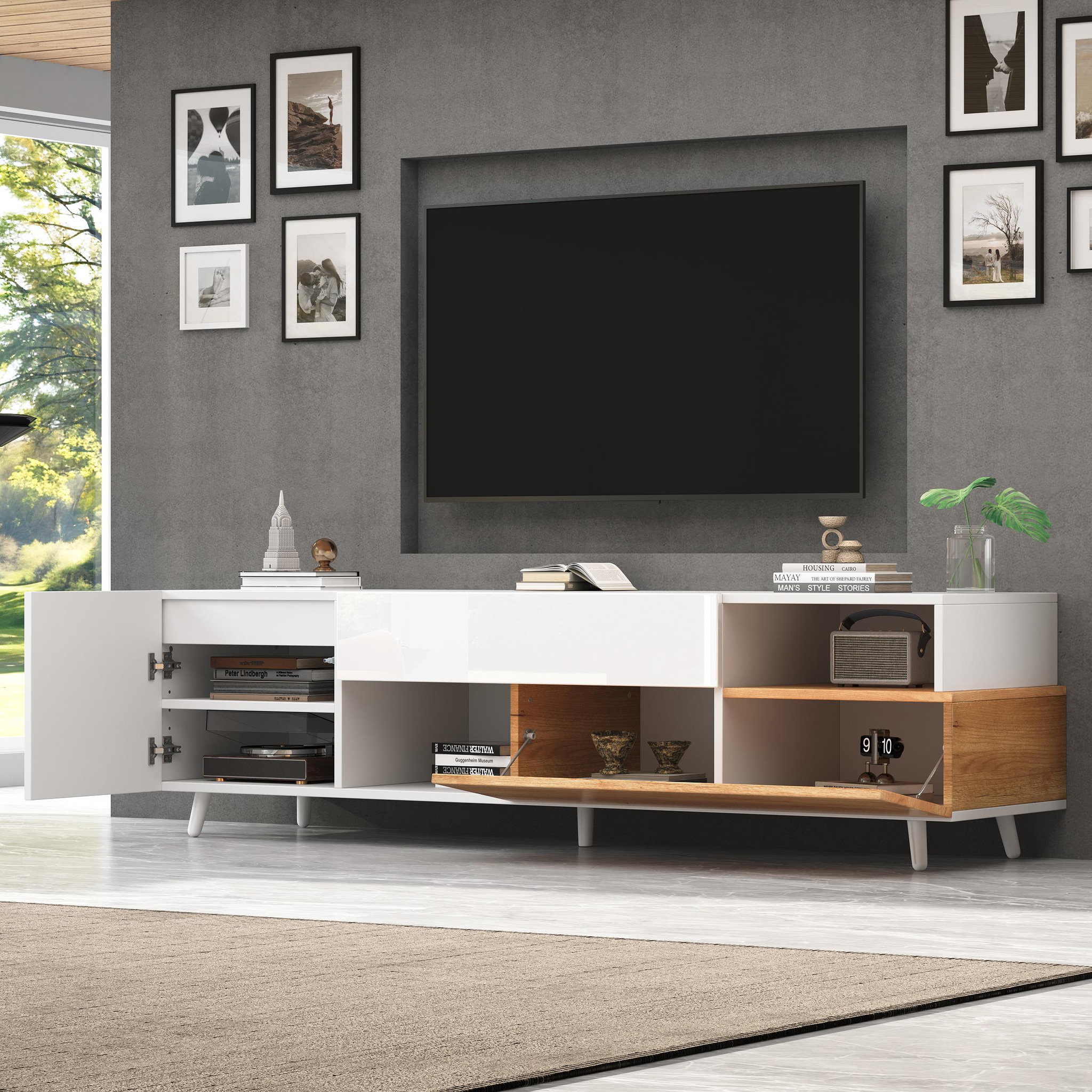 Voir la diapositive 5 : MERAX Meuble tv blanc+naturel 180 cm panneau de particules