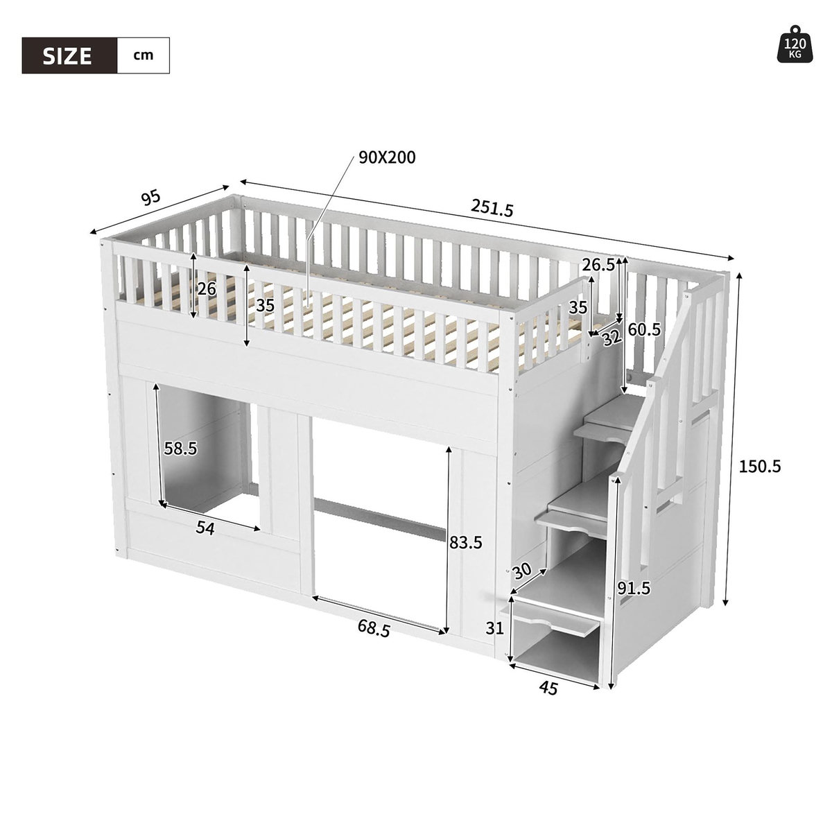 MERAX Lit superposé 90x200 cm coloris blanc bois massif