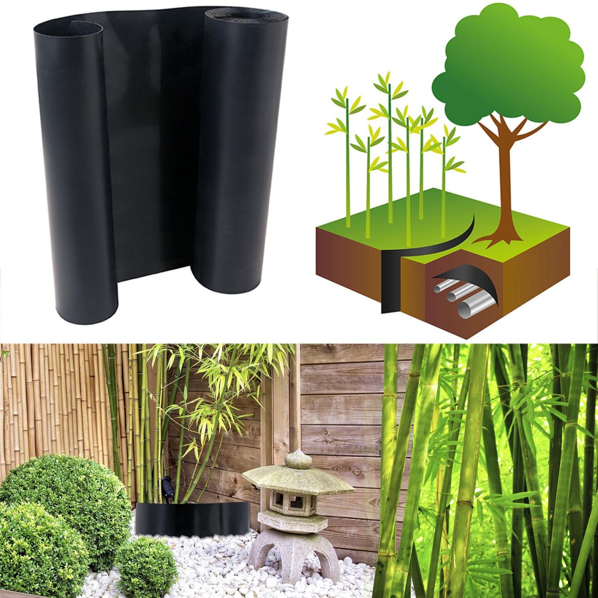 Voir la diapositive 4 : ID MARKET Barrière anti-racines bambou 5m 800gr anti-rhizomes h.60 cm