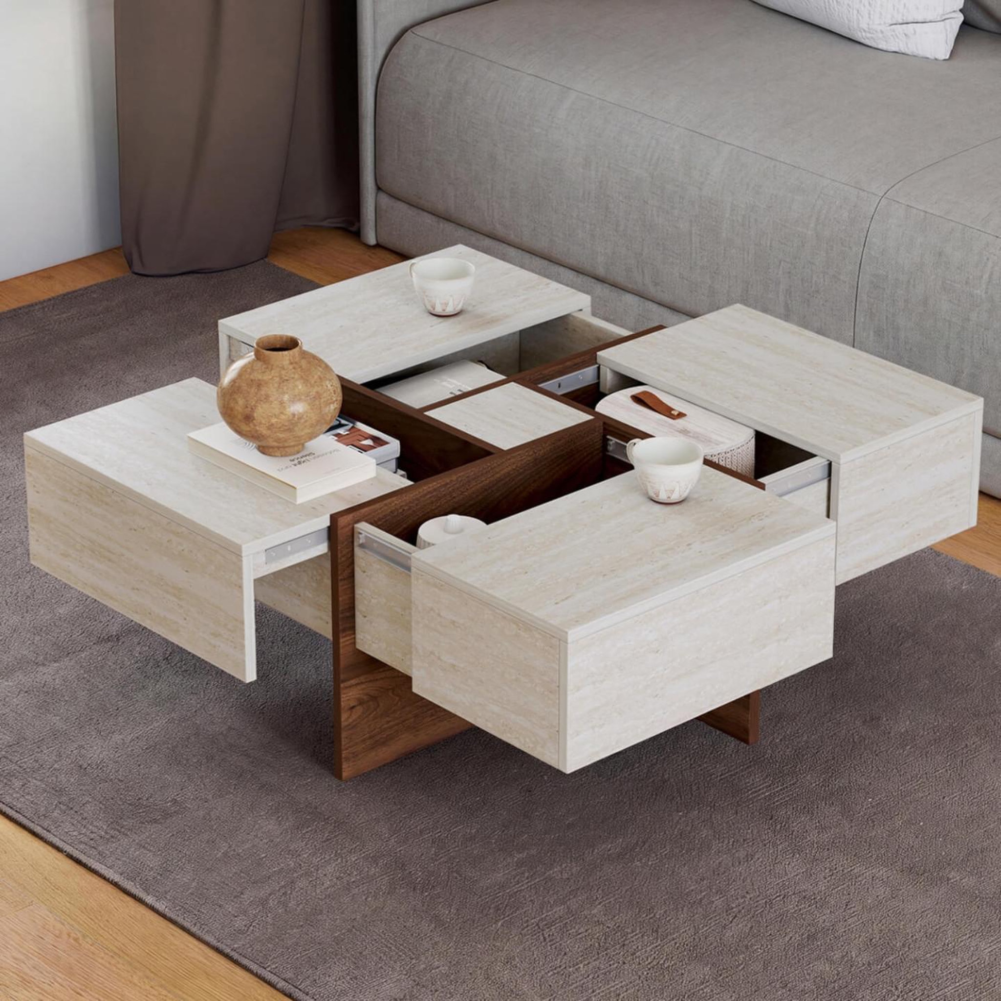 Voir la diapositive 2 : ID MARKET Table basse carrée talia 70 cm avec tiroirs bois effet noyer et plateau travertin