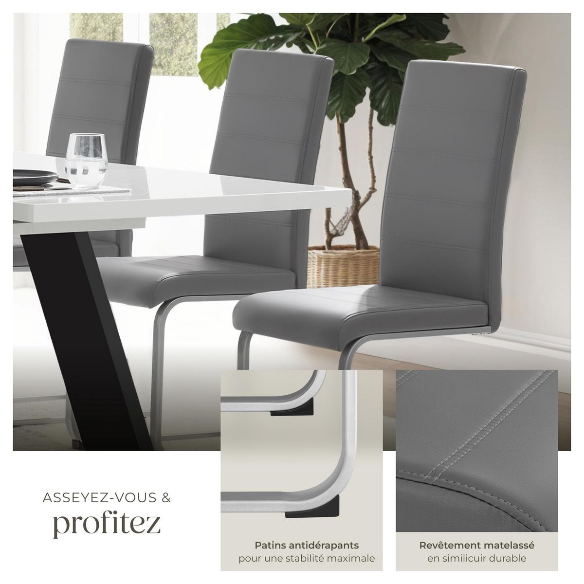 tectake Ensemble de chaises de salle à manger rembourré avec revêtement aspect cuir gris Lot de 8