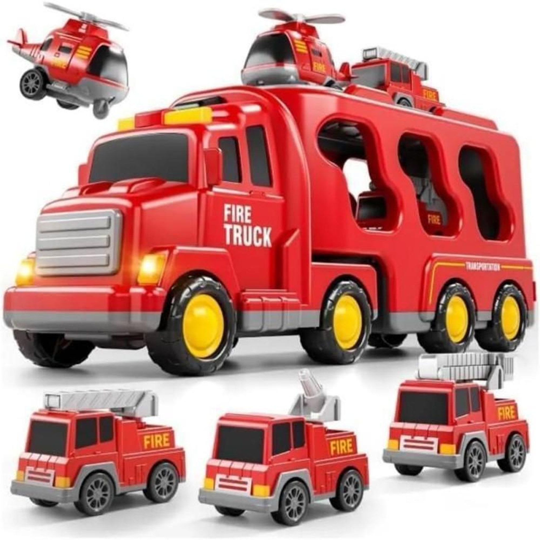 Camion de pompiers miniature 5 en 1, set avec 4 véhicules, sons et lumières, rouge, ABS sécurisé, pour jeu intérieur et extérieur