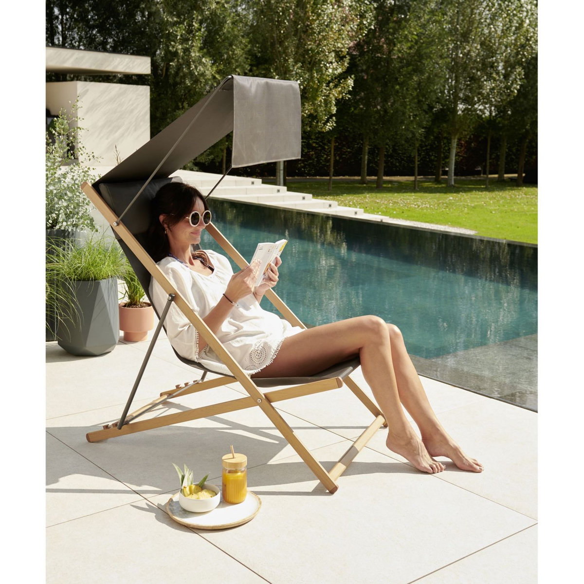 GARDENSTAR Chilienne avec pare soleil - Acier et polyester - Gris Anthracite