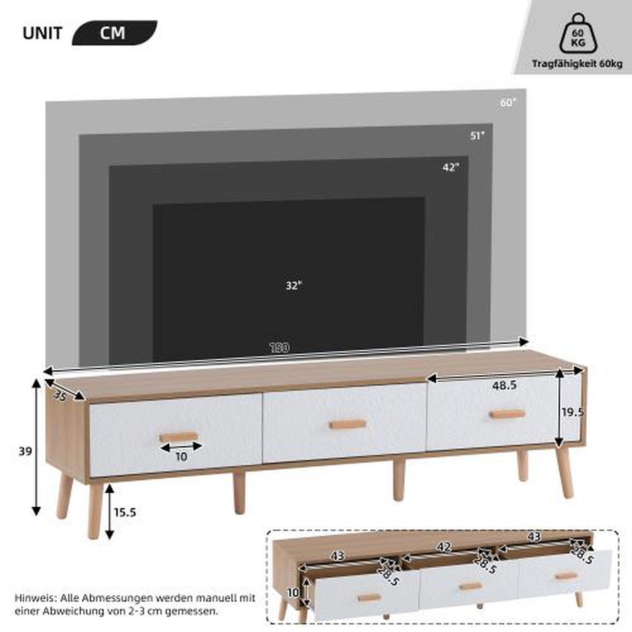 Voir la diapositive 3 : MERAX Meuble tv naturel+blanc 150 cm panneau de particules