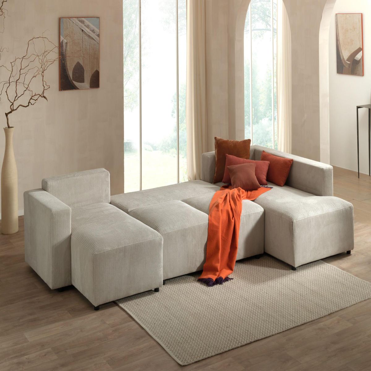 LISA DESIGN Livy - canapé panoramique convertible - avec coffre - en velours côtelé - 7 places - droit