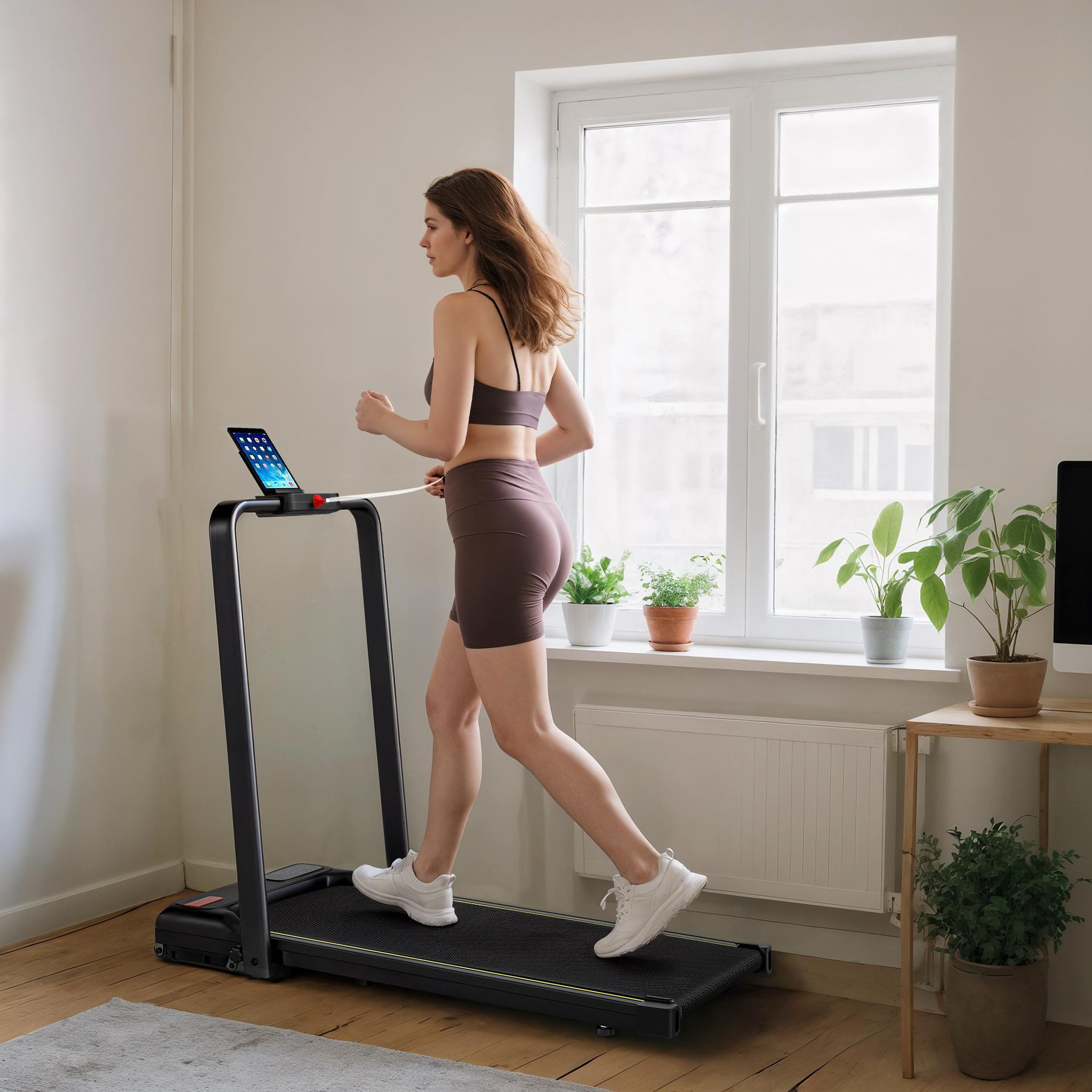 Voir la diapositive 2 : HOMCOM Tapis de marche pliable 1-6km/h inclinaison réglable 4% max. Télécommande affichage led clé sécurité