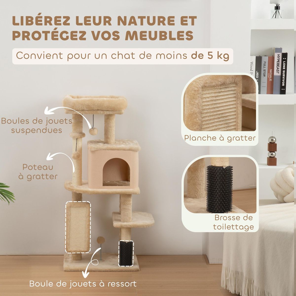 PAWHUT Arbre à chat design beige H.132cm bande massante griffoirs grattoirs nombreux jouets