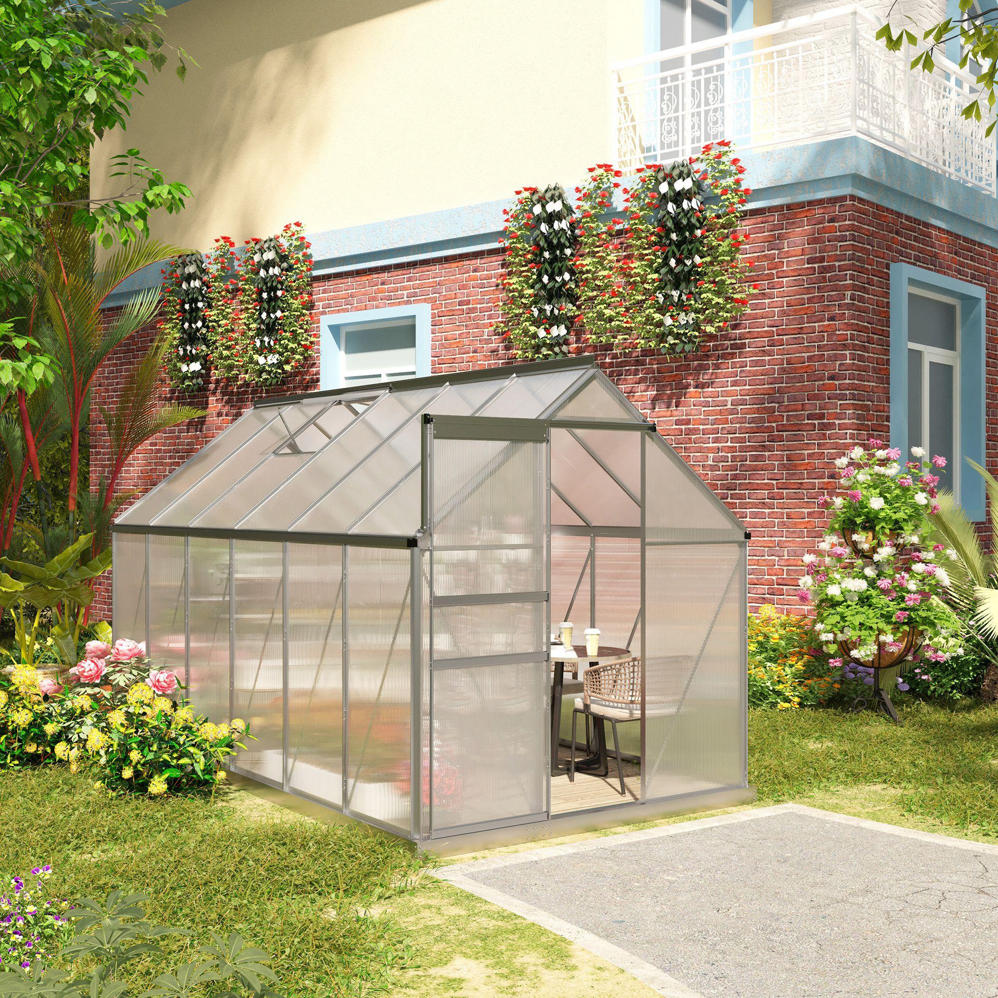 Voir la diapositive 2 : OUTSUNNY Serre de jardin aluminium polycarbonate 7,12 m² dim. 3,75l x 1,9l x 2h m lucarne réglable fondation porte coulissante