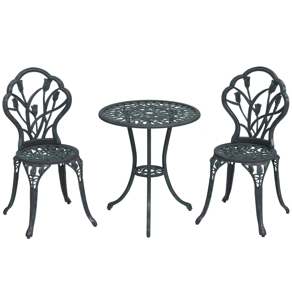 OUTSUNNY Ensemble salon de jardin 2 places 2 chaises + table ronde fonte d'aluminium imitation fer forgé noir effet vieilli
