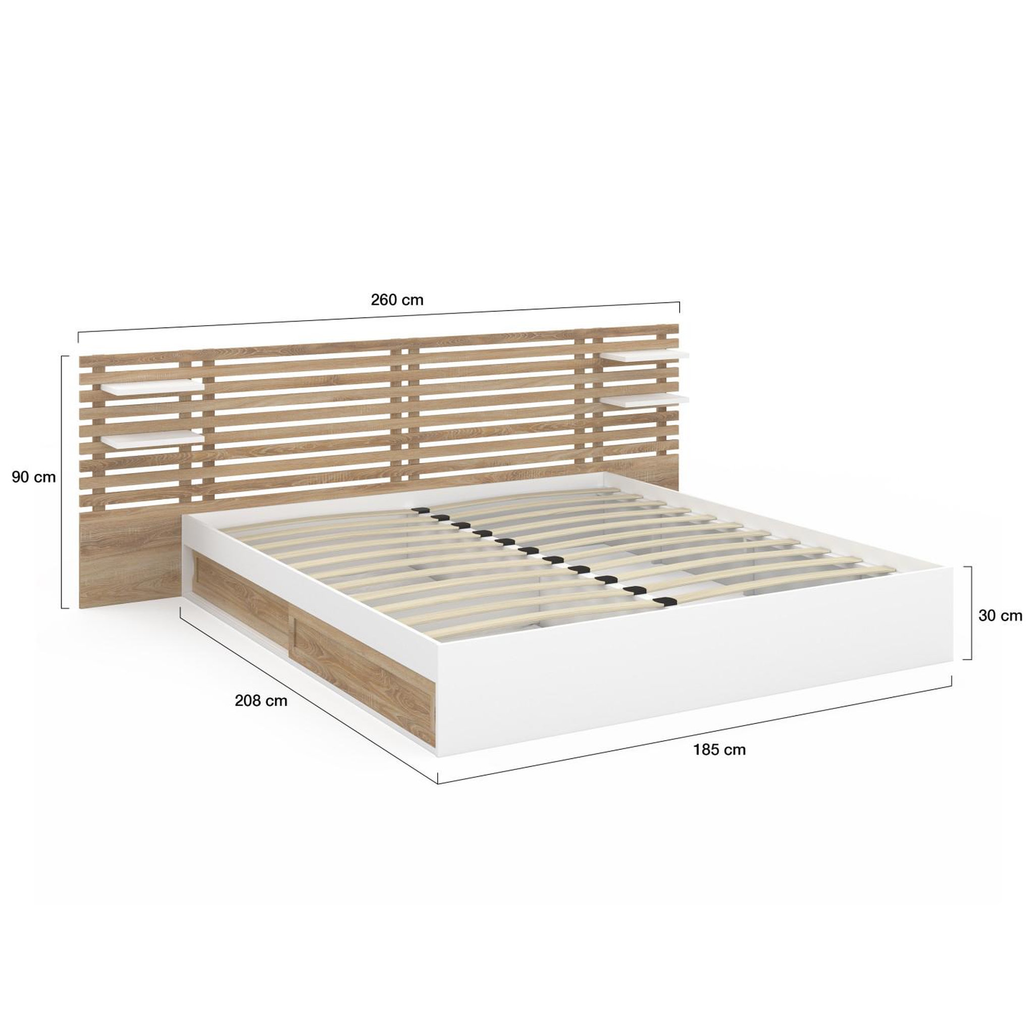 Voir la diapositive 4 : ID MARKET Lit double savana avec tête de lit, chevets, rangements et sommier 180 x 200 cm façon hêtre et blanc