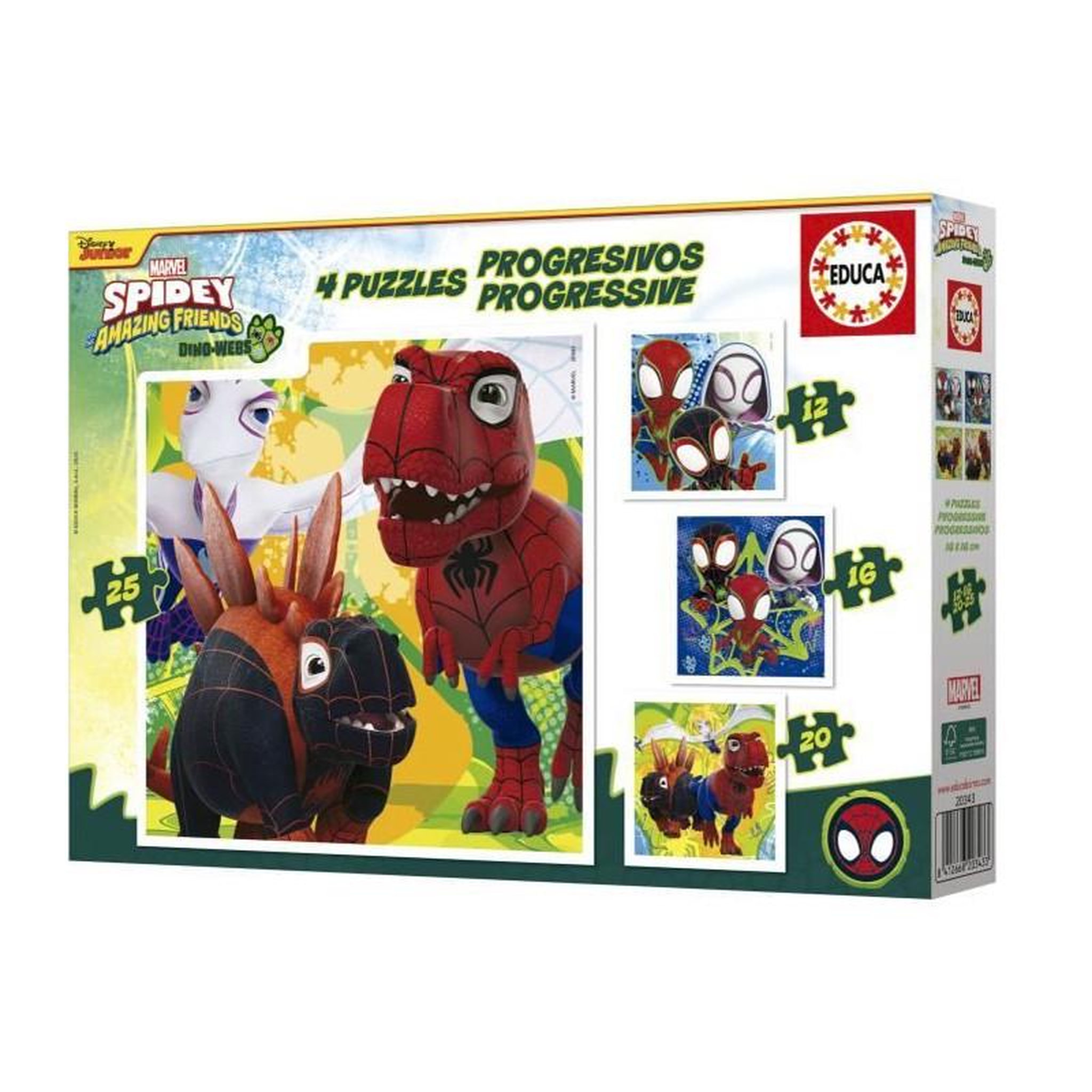 Voir la diapositive 3 : EDUCA Puzzle progressif 12+16+20+25 pièces Dino Spidey – Enfants dès 3 ans – 4 puzzles évolutifs – Qualité éducative – EDUCA