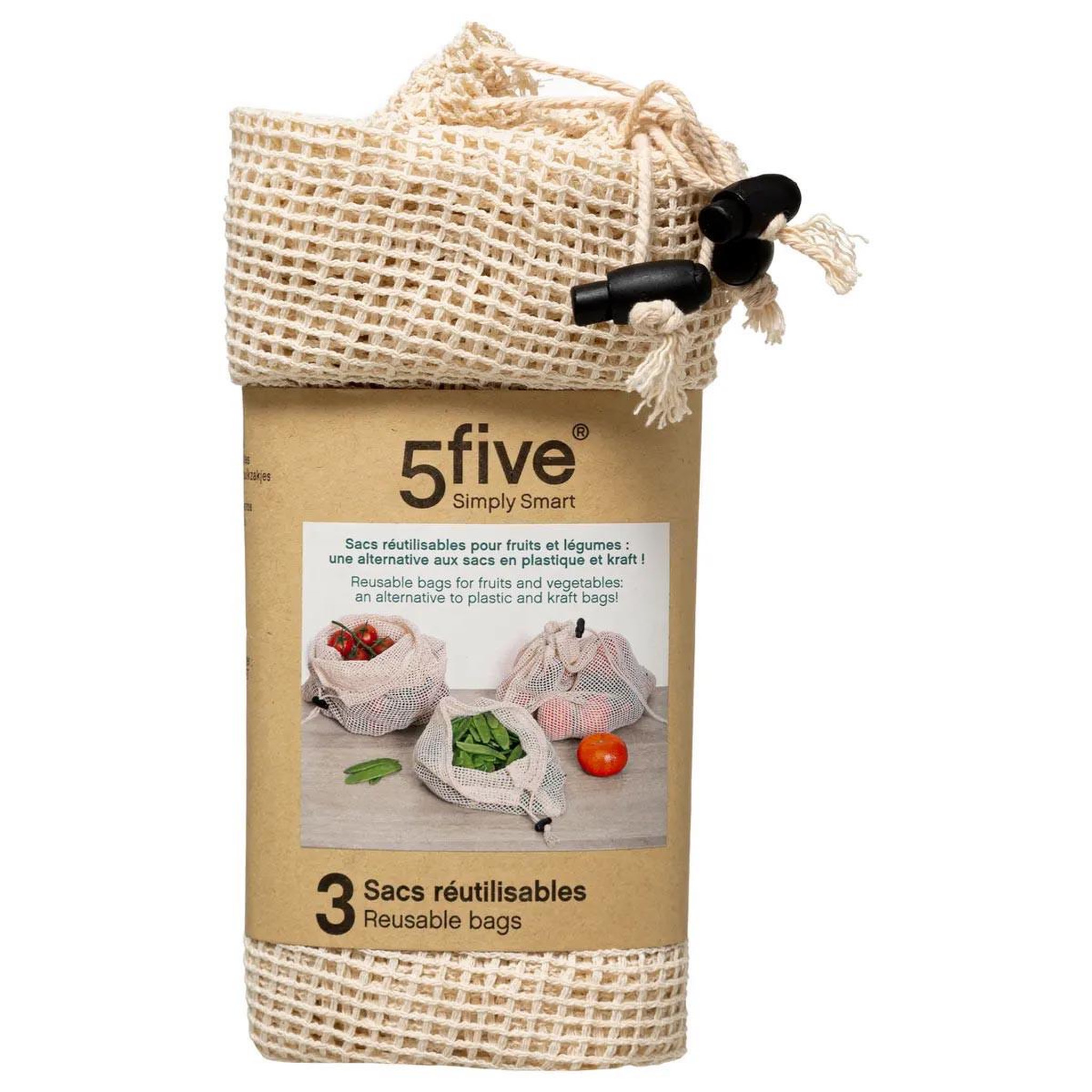 Voir la diapositive 4 : FIVE Lot de 3 sacs de conservation  coton  43cm naturel