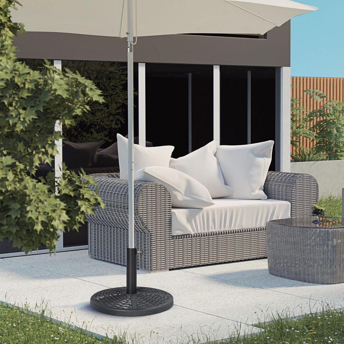 OUTSUNNY Pied de parasol rond base de lestage Ø 45 x 33H cm HDPE aspect rotin tressé poids net 8 Kg noir