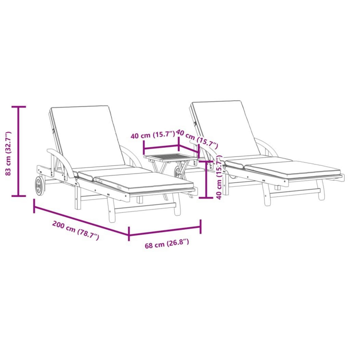 VIDAXL Chaises longues lot de 2 avec table bois massif d'acacia