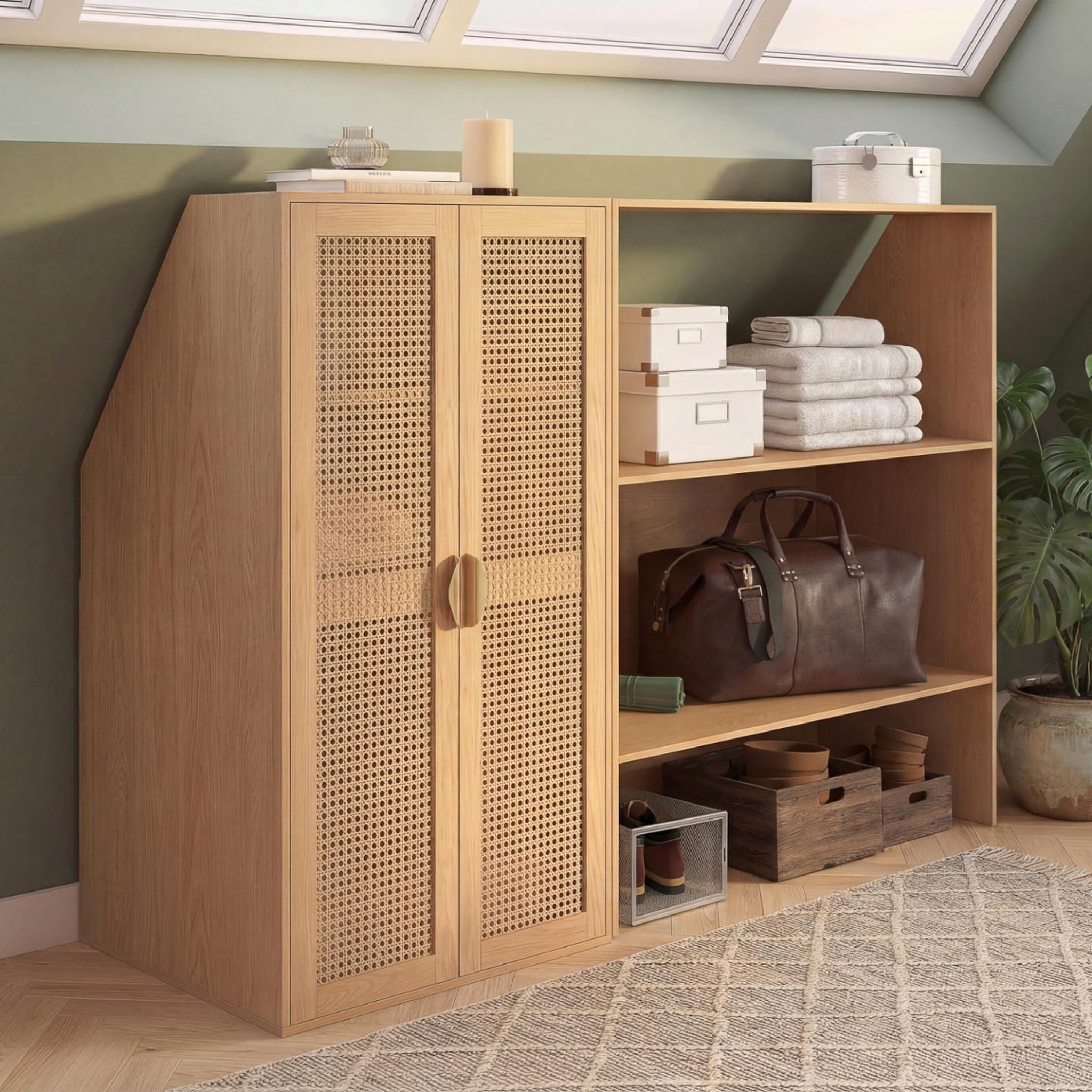 Voir la diapositive 3 : ID MARKET Armoire sous pente 2 portes edhen 60 x 50 x 70/110 cm bois et cannage