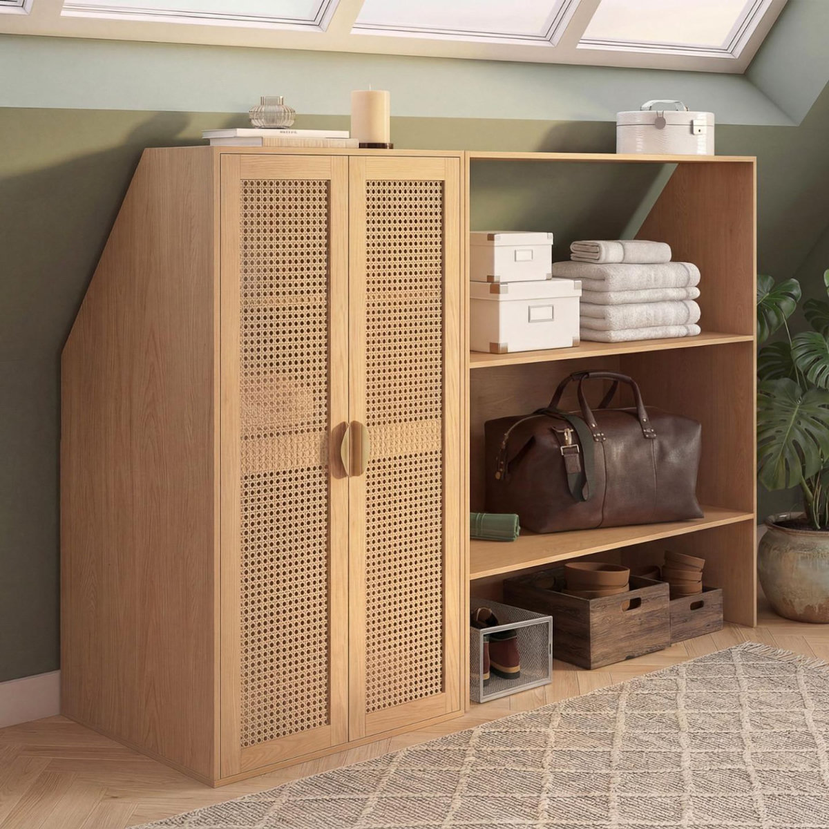 ID MARKET Armoire sous pente 2 portes EDHEN 60 x 50 x 70/110 cm bois et cannage