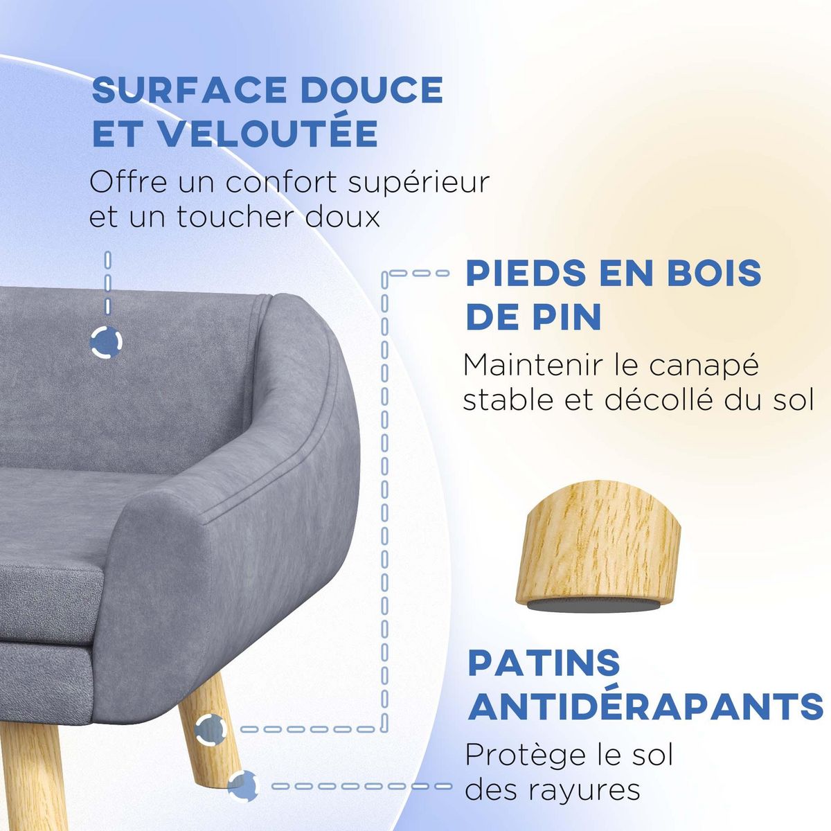 PAWHUT Canapé chien lit pour chien design scandinave - coussin moelleux déhoussable, pieds bois - velours gris