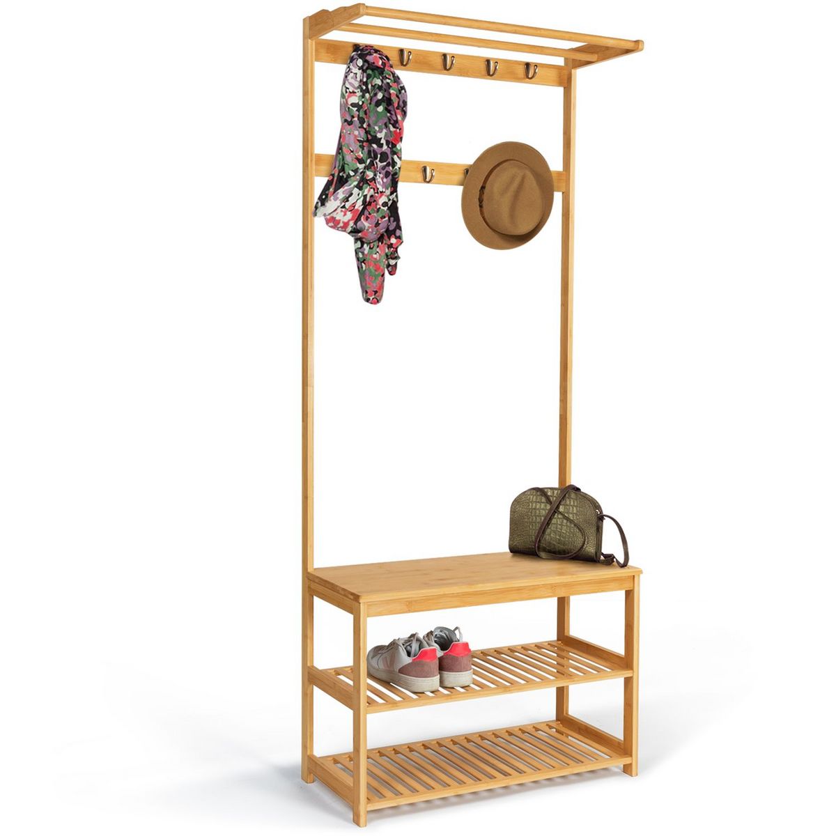 Meuble d'entrée vestiaire porte manteau range chaussures en bambou MAOA