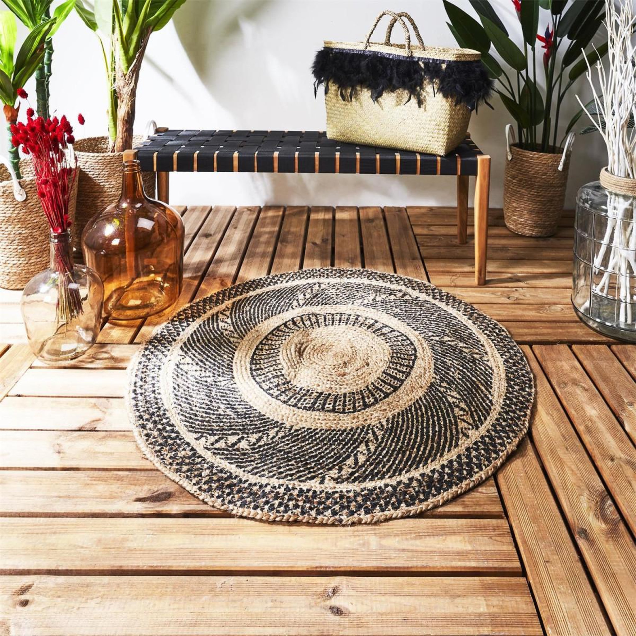 Voir la diapositive 5 : The Home Deco Factory Tapis rond déco en jute  imprimé  90cm noir