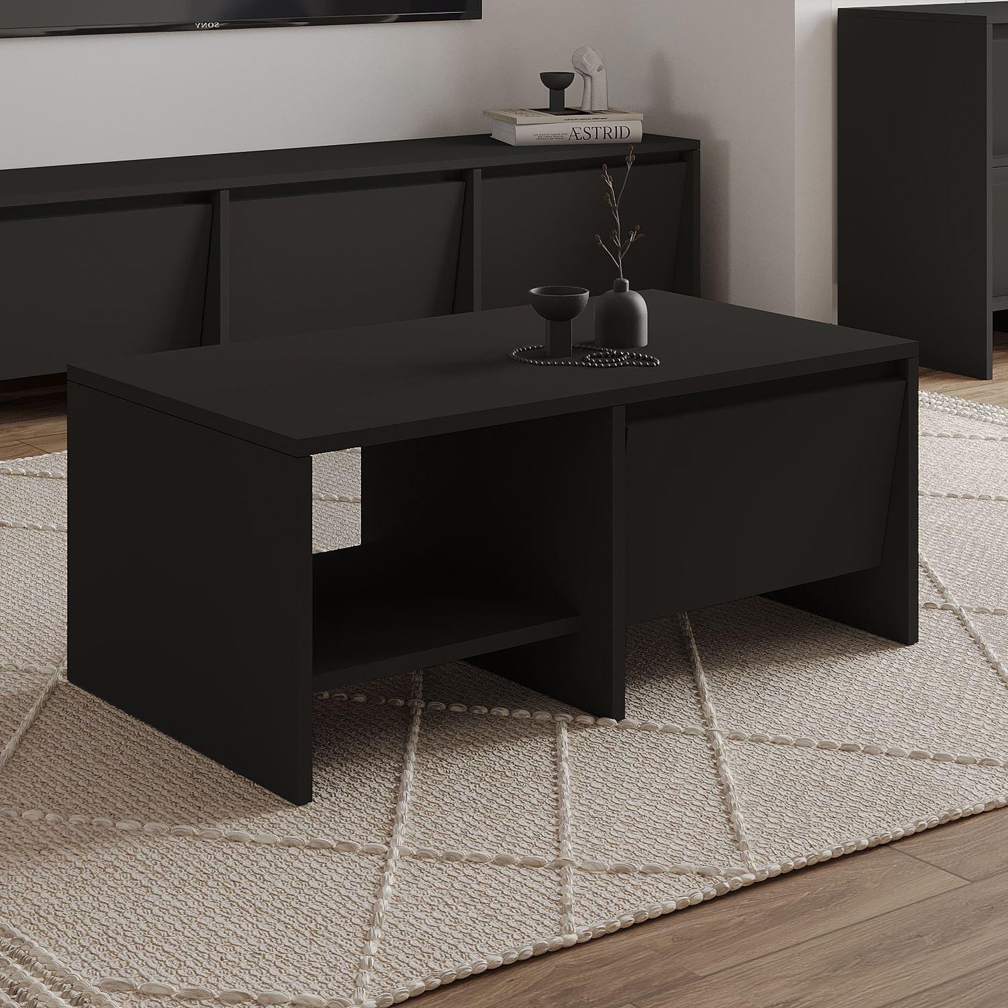 Voir la diapositive 4 : Habitat et Jardin Table basse en bois  laris  - 90 x 45 x 35 cm - noir