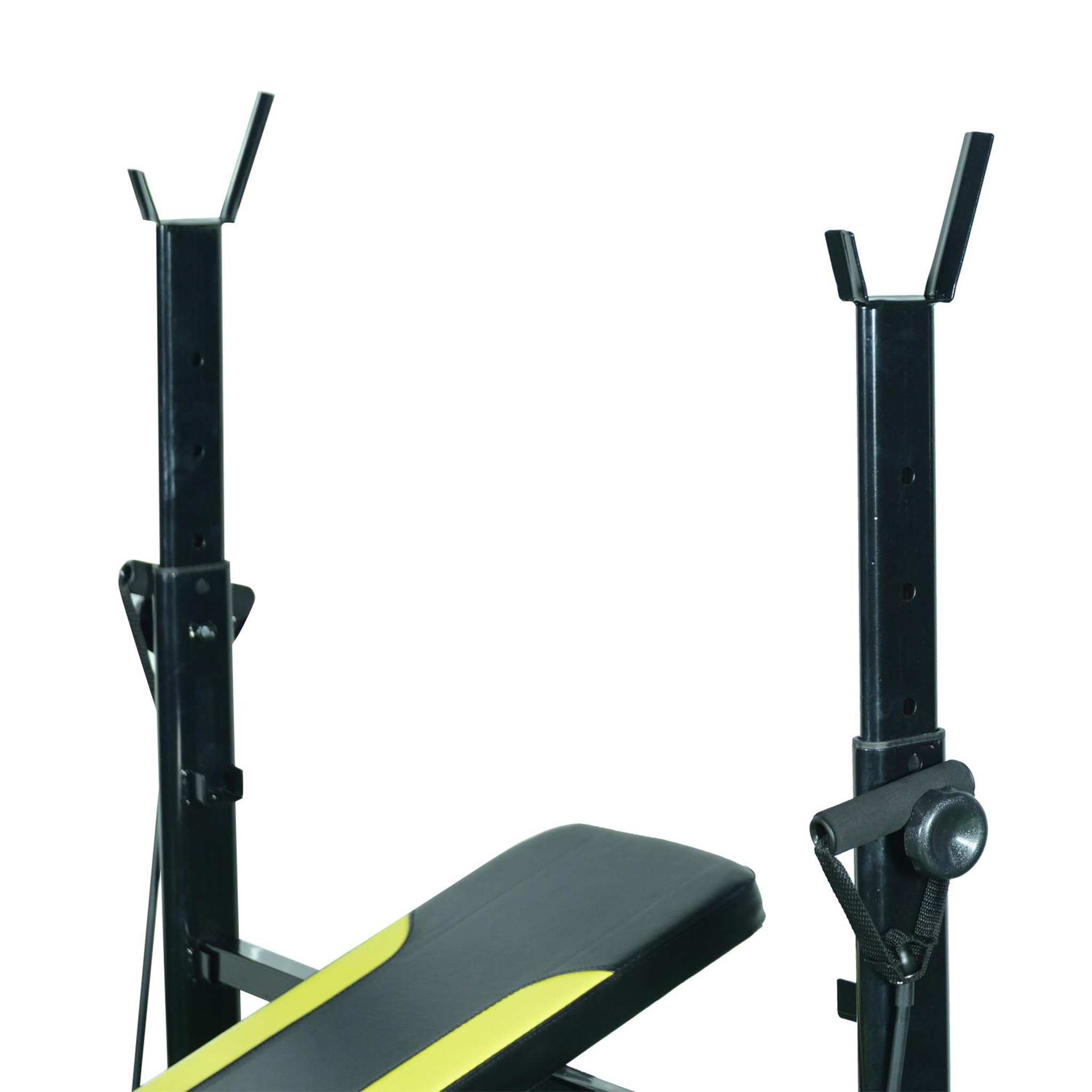 Voir la diapositive 6 : HOMCOM Banc de musculation fitness entrainement complet dossier réglable cordes traction curler supports barre et haltères noir et jaune