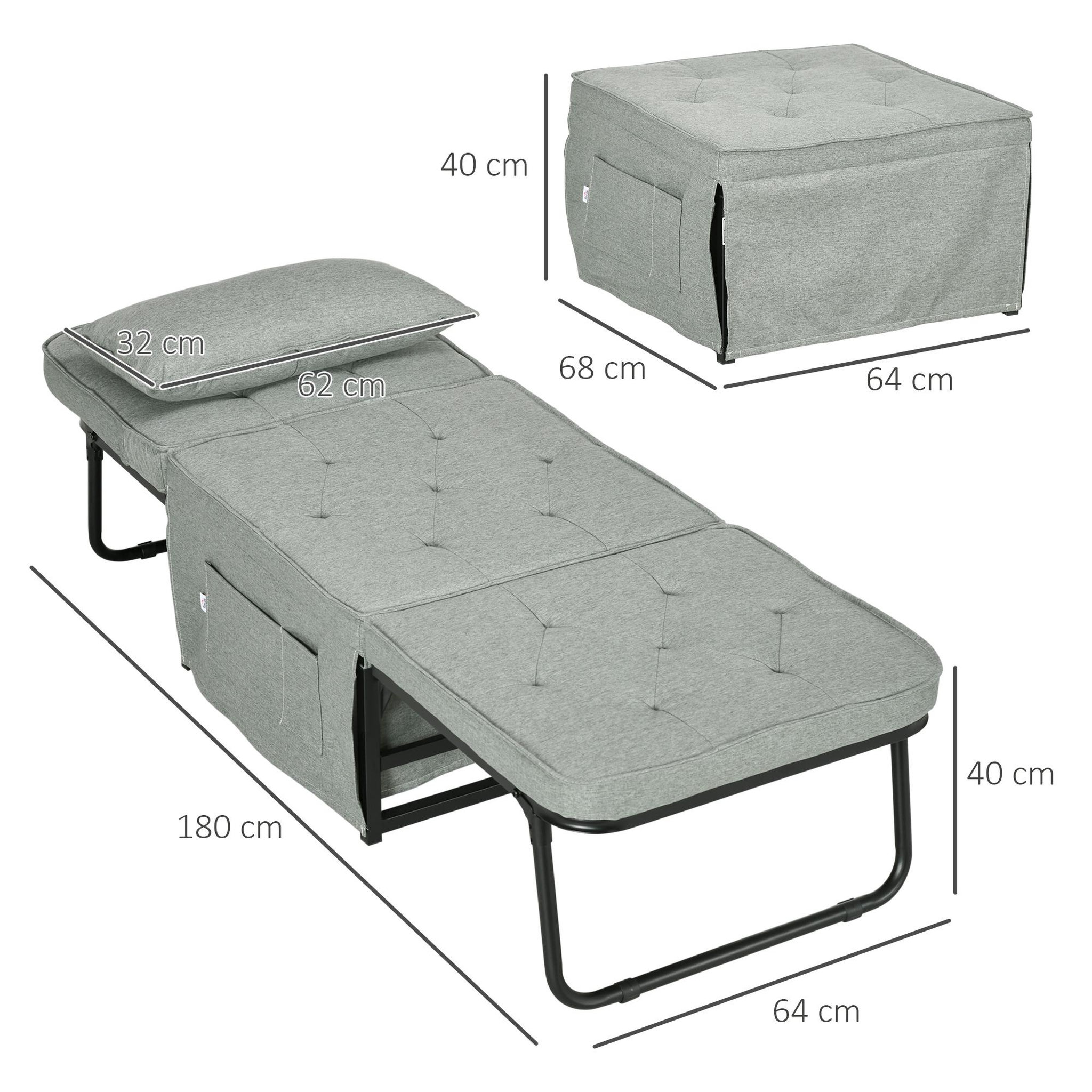 Voir la diapositive 3 : HOMCOM Fauteuil chaise longue lit pouf 4 en 1 dossier inclinable 5 niveaux repose-pied rabattable châssis acier noir tissu gris