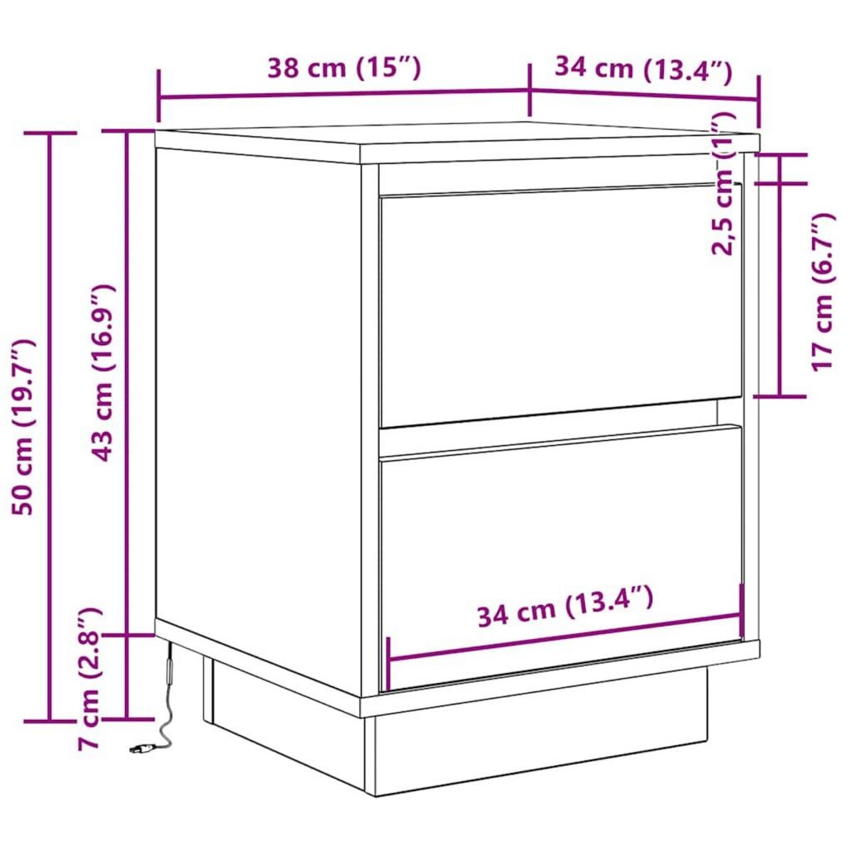 VIDAXL Table de chevet avec lumieres LED vieux bois 38x34x50 cm