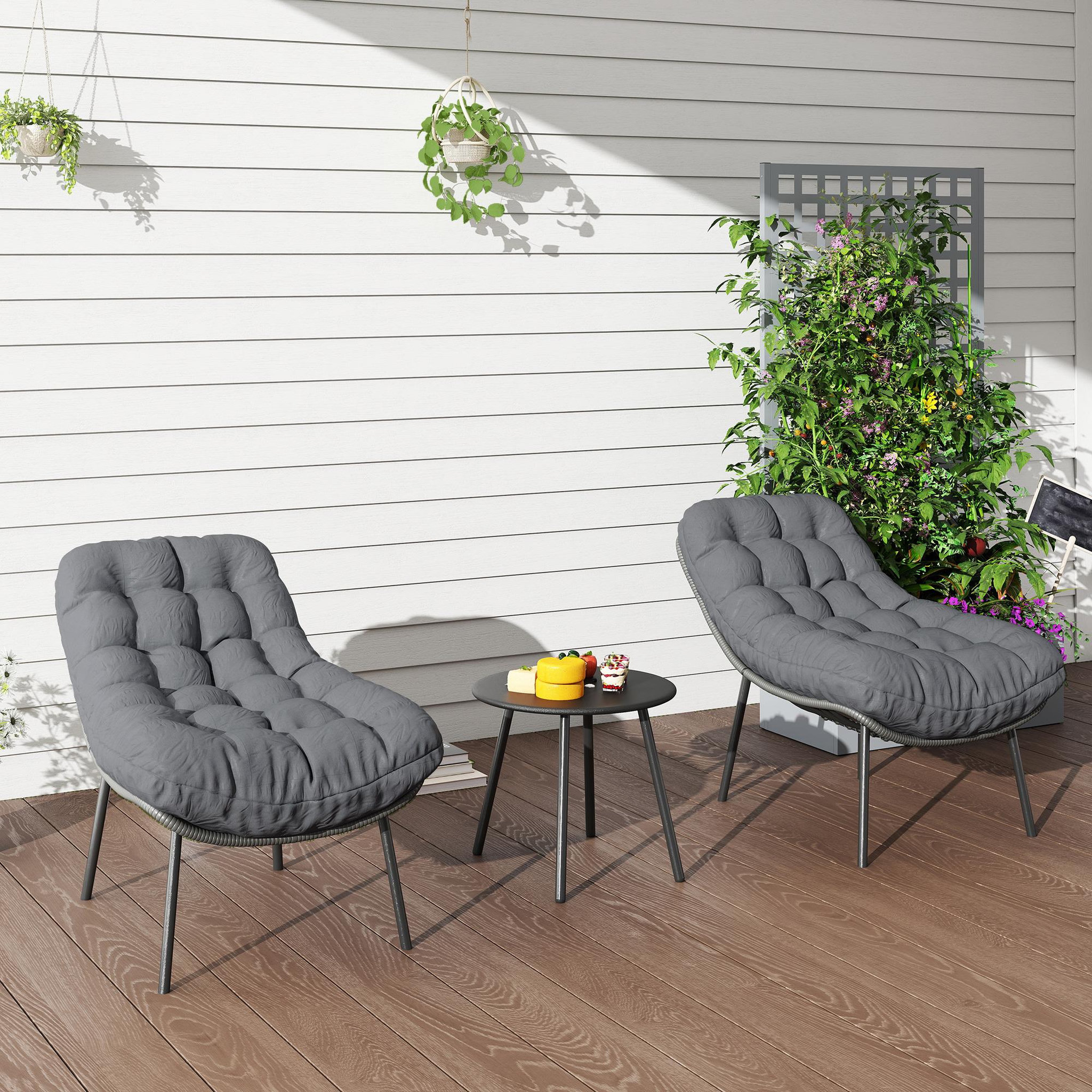 Voir la diapositive 2 : OUTSUNNY Salon de jardin 2 places 3 pièces style cosy épais coussins capitonnés 15 cm acier résine gris