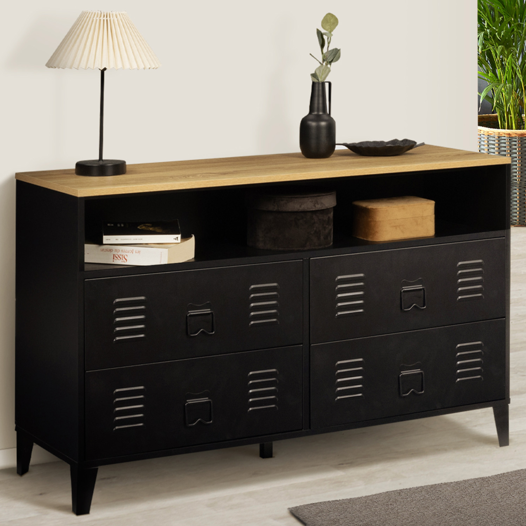 Voir la diapositive 2 : ID MARKET Commode 4 tiroirs ester 115 cm métal noir et plateau façon hêtre avec niche design industriel