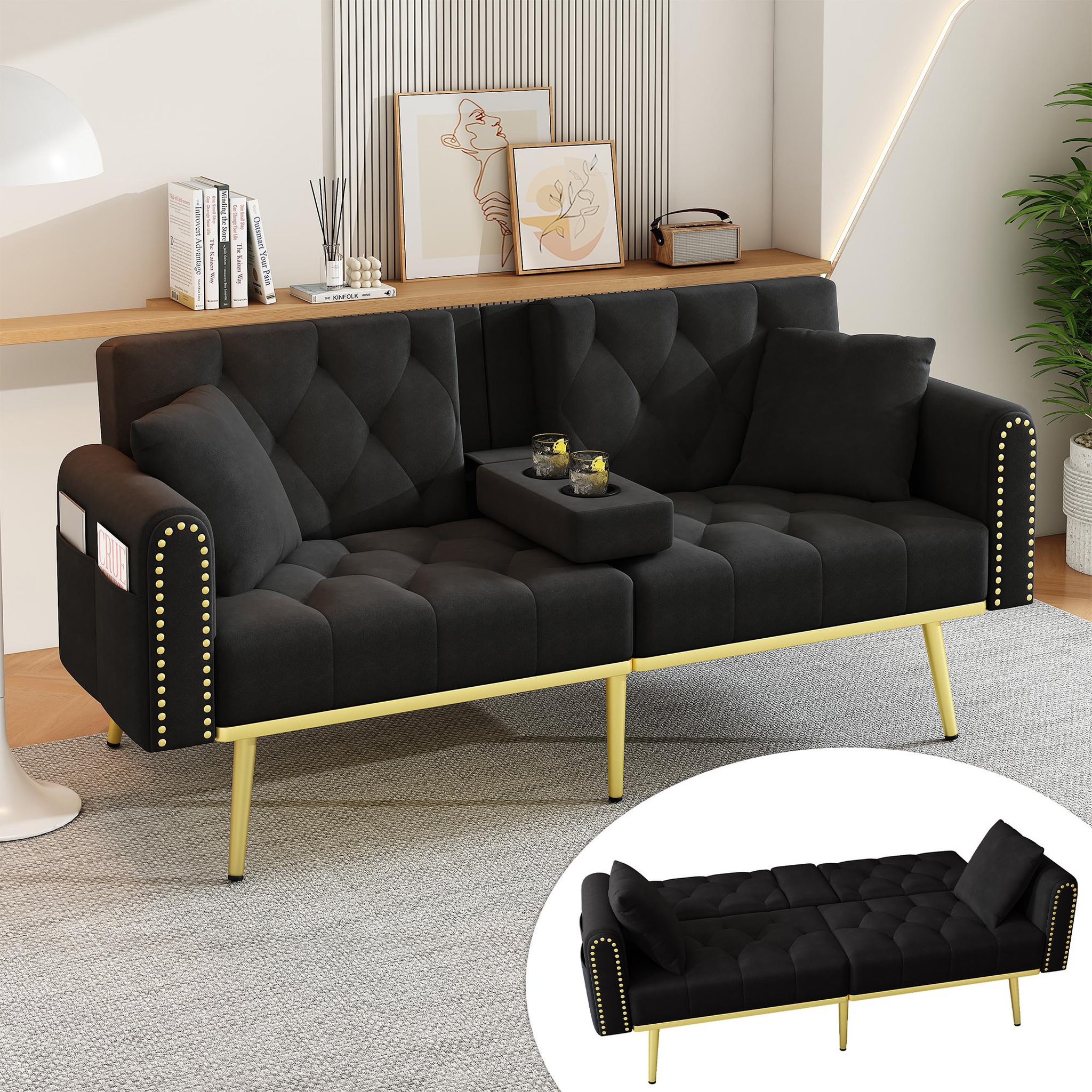 Voir la diapositive 2 : MERAX Canapé droit convertible 2 places velours