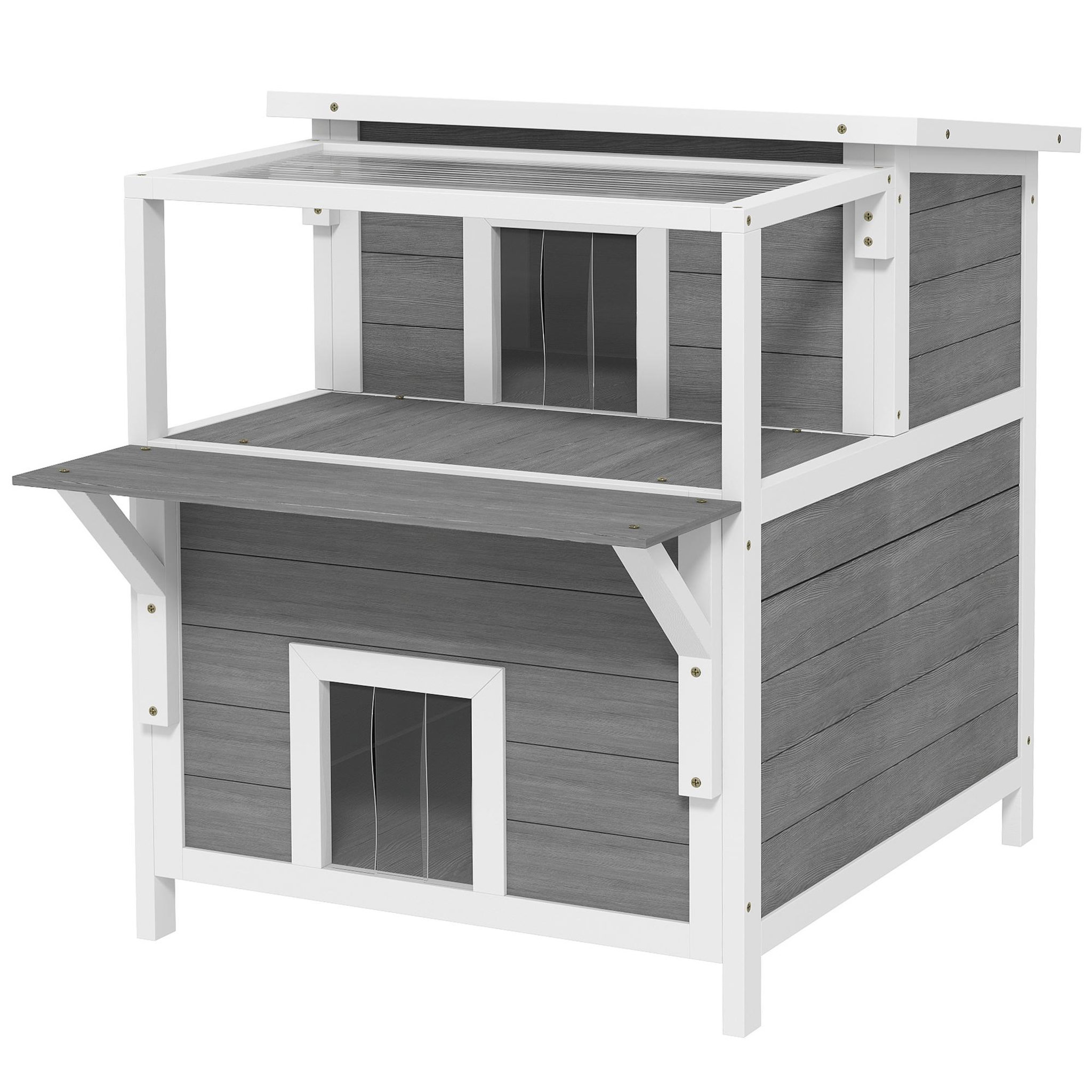 Voir la diapositive 1 : PAWHUT Maison niche chat sur pied - 2 niveaux, 2 portes, terrasse abritée, fenêtre - bois gris blanc