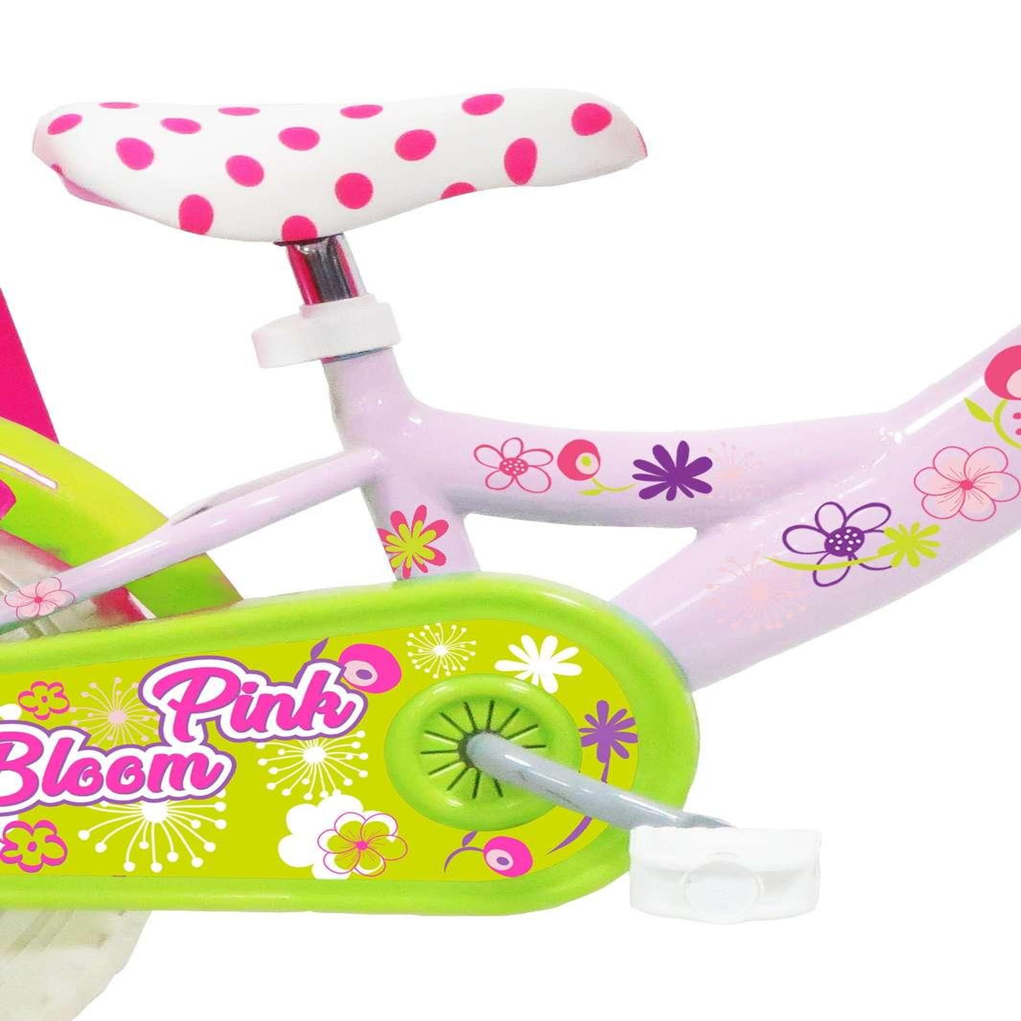 Voir la diapositive 3 : Vélo enfant - Modèle 12'' Pink Bloom pour enfant de 85 à 100 cm - 1 Frein - Panier avant - Porte poupée arrière et roues bâtons