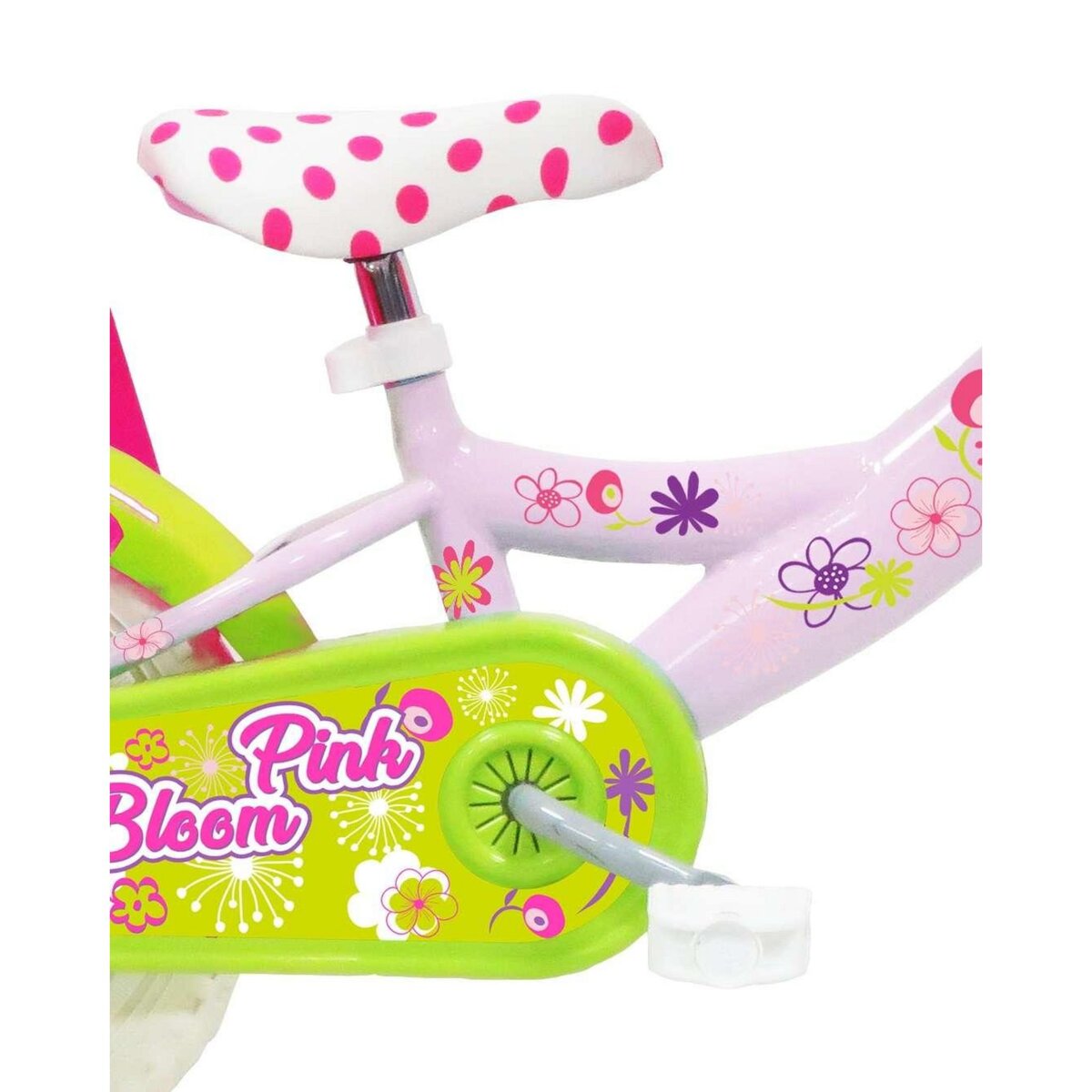 Vélo enfant - Modèle 12'' Pink Bloom pour enfant de 85 à 100 cm - 1 Frein - Panier avant - Porte poupée arrière et roues bâtons