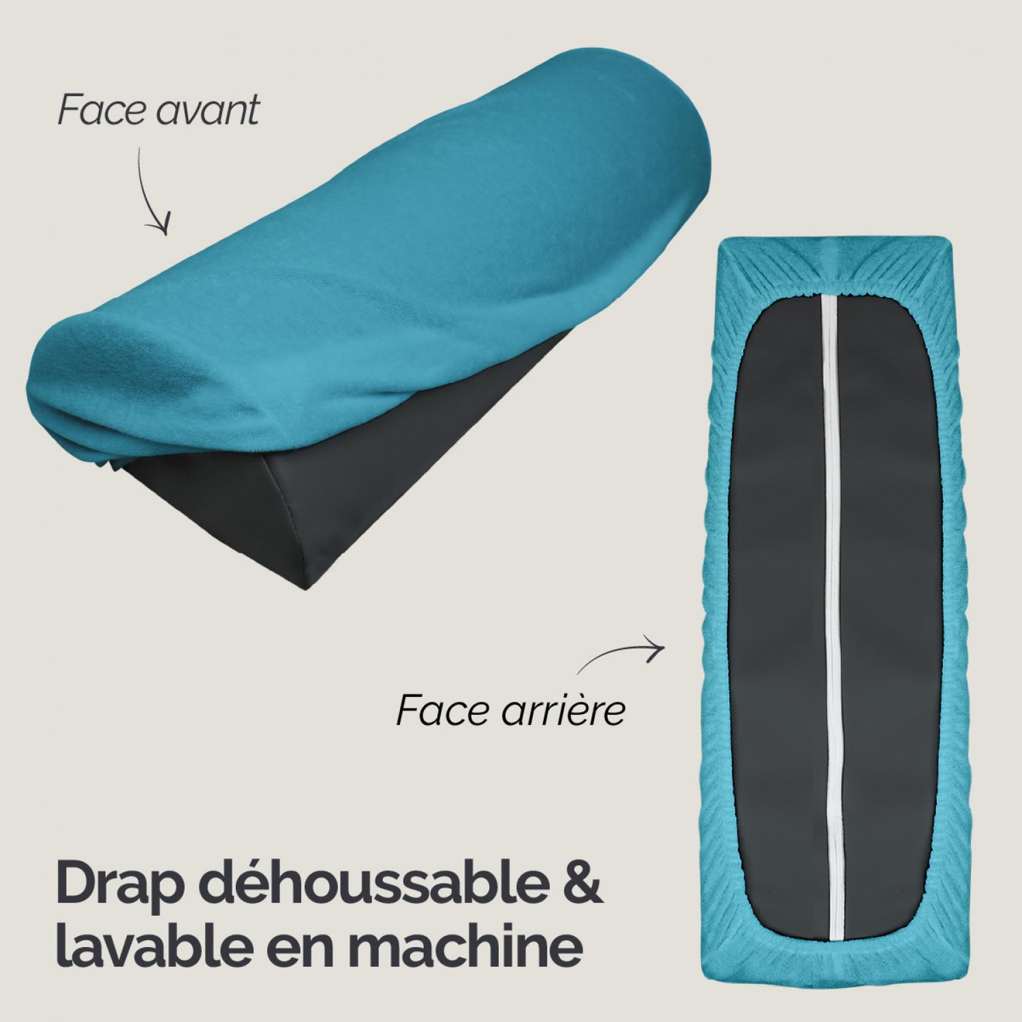 Voir la diapositive 3 : VIVEZEN Drap housse de protection en éponge pour coussin demi-rond 66 cm x 22 cm x 12 cm de table de massage - Bleu turquoise
