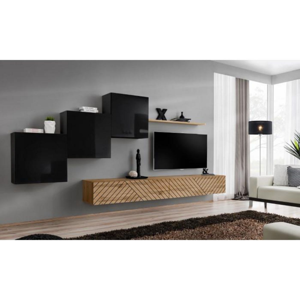 Paris Prix Ensemble Meuble TV  Switch Lamel X  330cm Naturel & Noir
