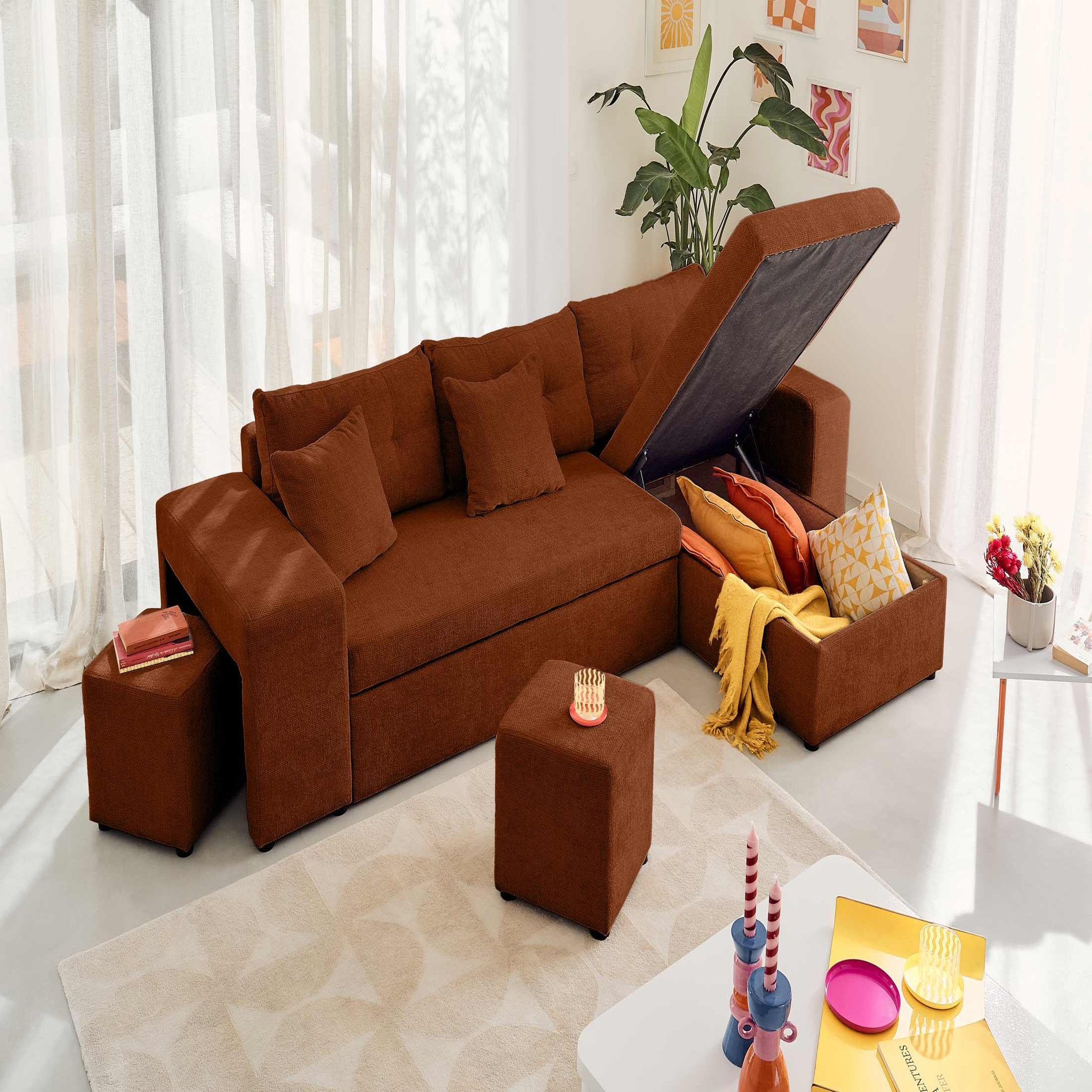 Voir la diapositive 3 : BEST MOBILIER California - canapé d'angle réversible 4 places - convertible avec coffre, étagère et poufs - en velours texturé