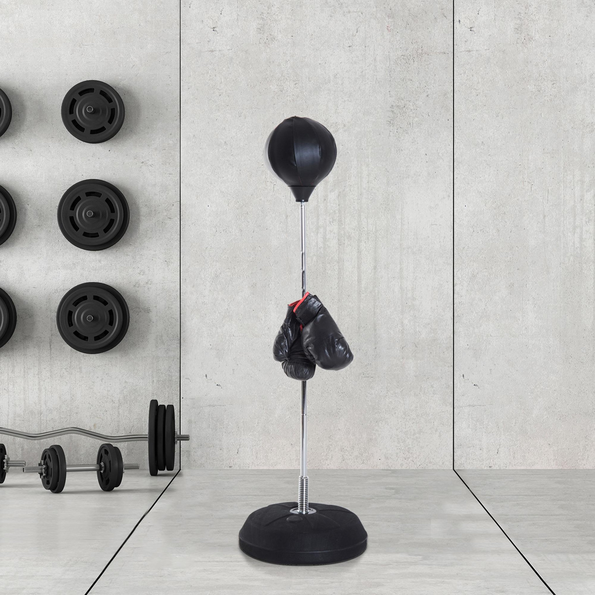 Voir la diapositive 2 : HOMCOM Punching ball sur pied réglable en hauteur 126-144 cm avec gants, pompe et base de lestage noir