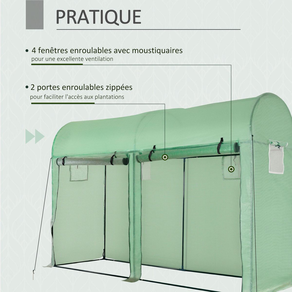 OUTSUNNY Serre de Jardin serre à tomates dim. 3L x 1l x 2H m 2 portes zippées déroulantes 4 fenêtres enroulables acier PE haute densité 140 g/m² anti-UV vert