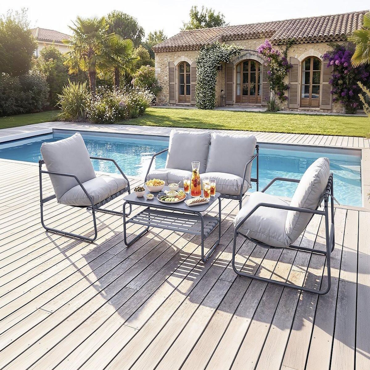 Habitat et Jardin Salon de jardin en métal avec coussins  Sora  - 4 places - Gris