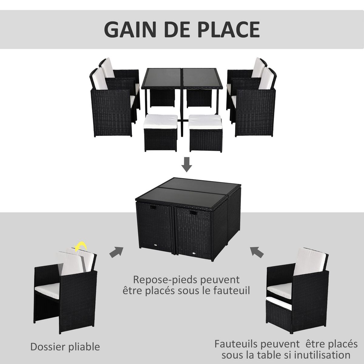 OUTSUNNY Ensemble salon de jardin encastrable 8 personnes 9 pièces résine tressée 4 fils imitation rotin noir coussins déhoussables crème