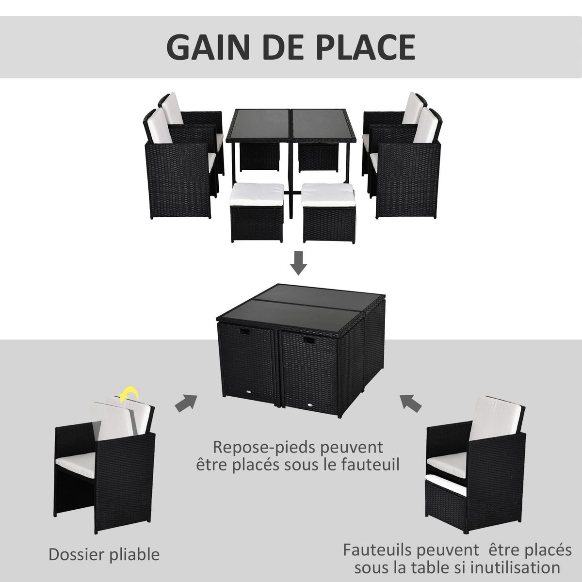 OUTSUNNY Ensemble salon de jardin encastrable 8 personnes 9 pièces résine tressée 4 fils imitation rotin noir coussins déhoussables crème